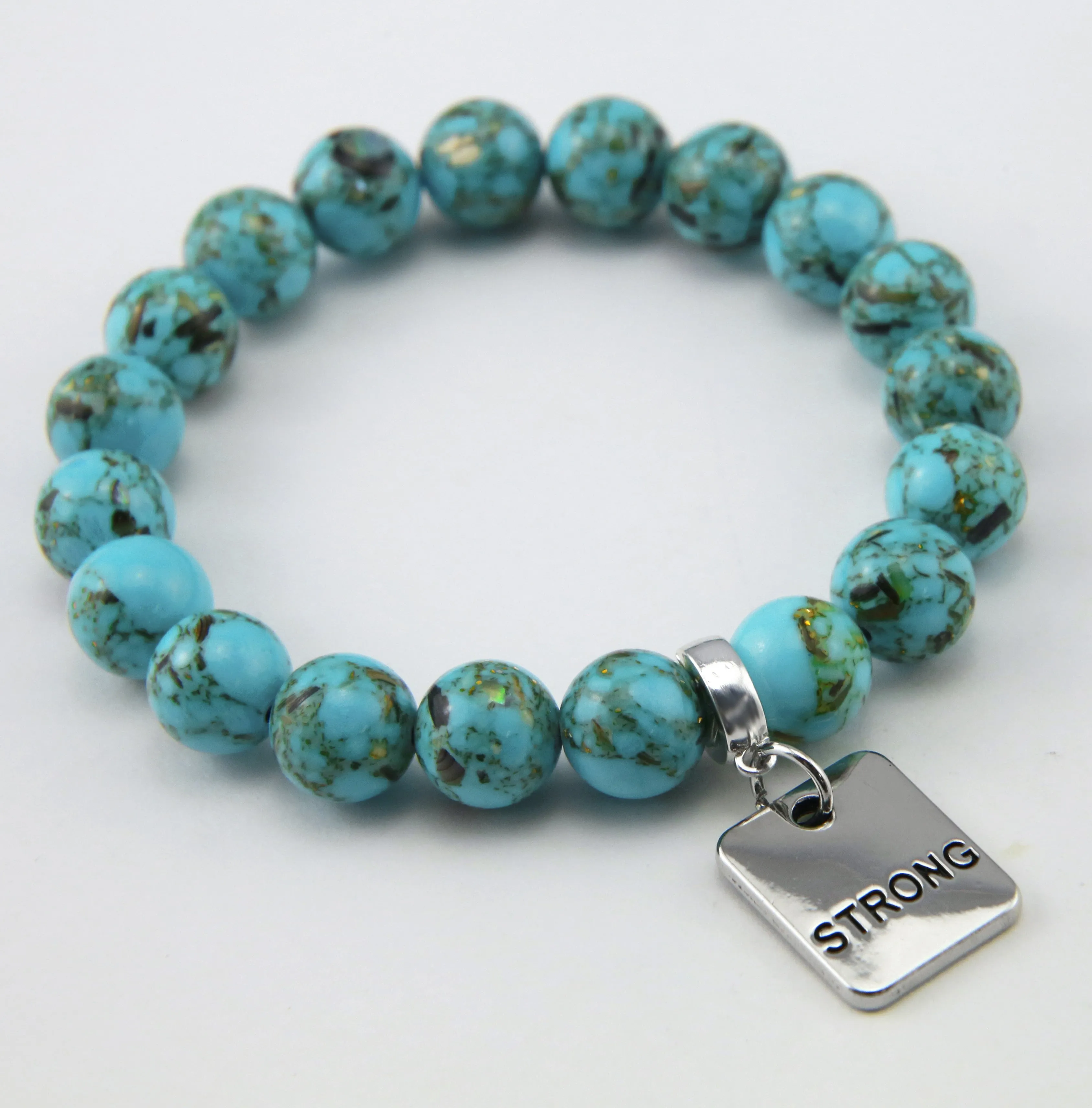 TEAL COLLECTION - Peacock Teal Synthesis 10mm Stone Bead Bracelet  - Silver Word Charms