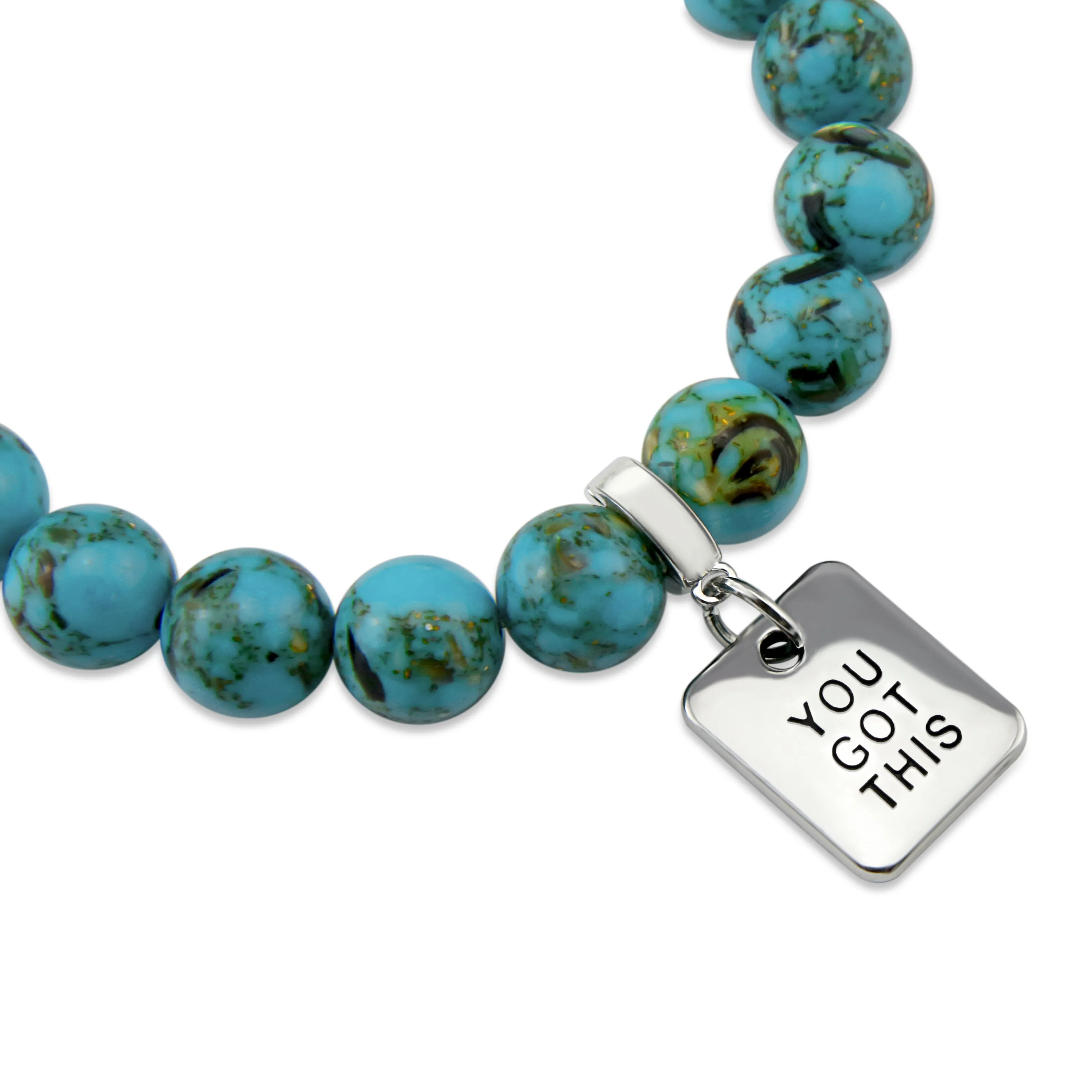 TEAL COLLECTION - Peacock Teal Synthesis 10mm Stone Bead Bracelet  - Silver Word Charms