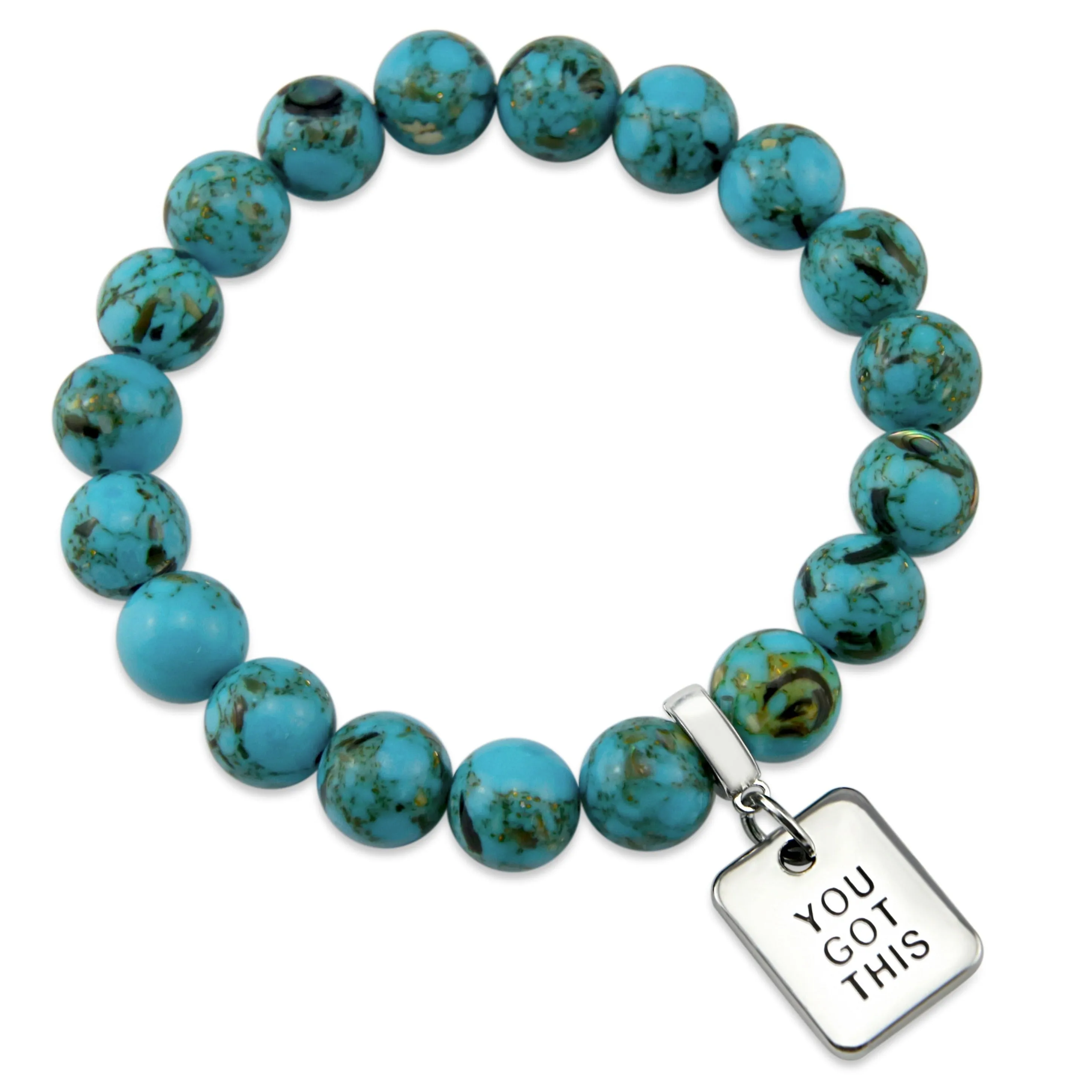 TEAL COLLECTION - Peacock Teal Synthesis 10mm Stone Bead Bracelet  - Silver Word Charms