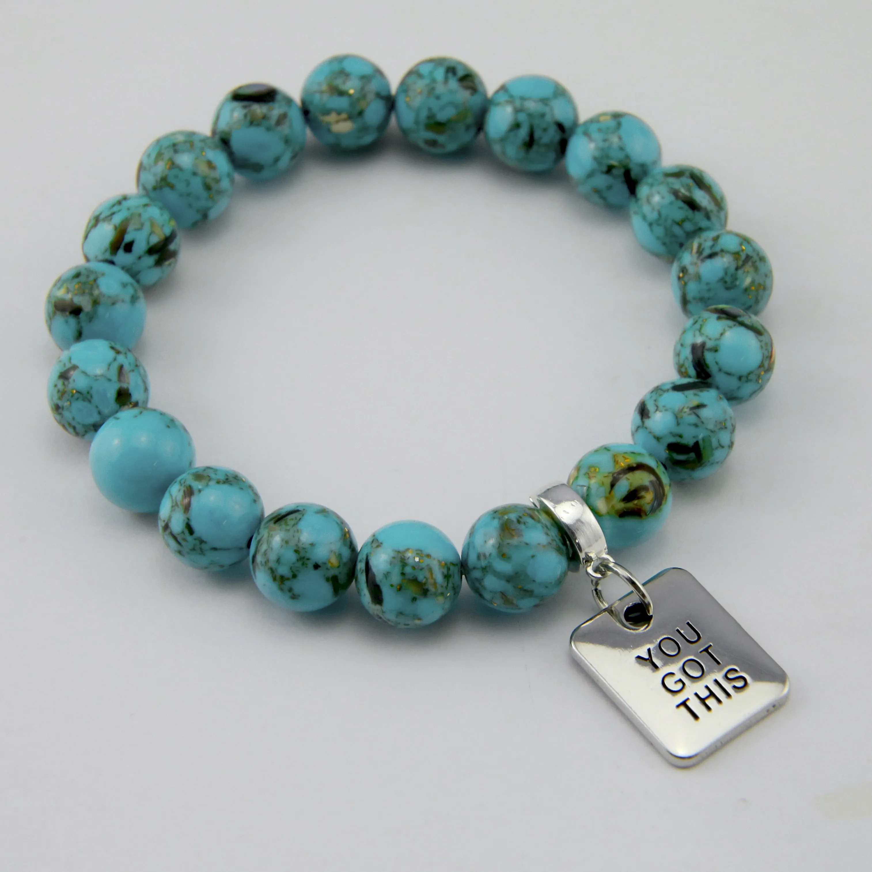 TEAL COLLECTION - Peacock Teal Synthesis 10mm Stone Bead Bracelet  - Silver Word Charms