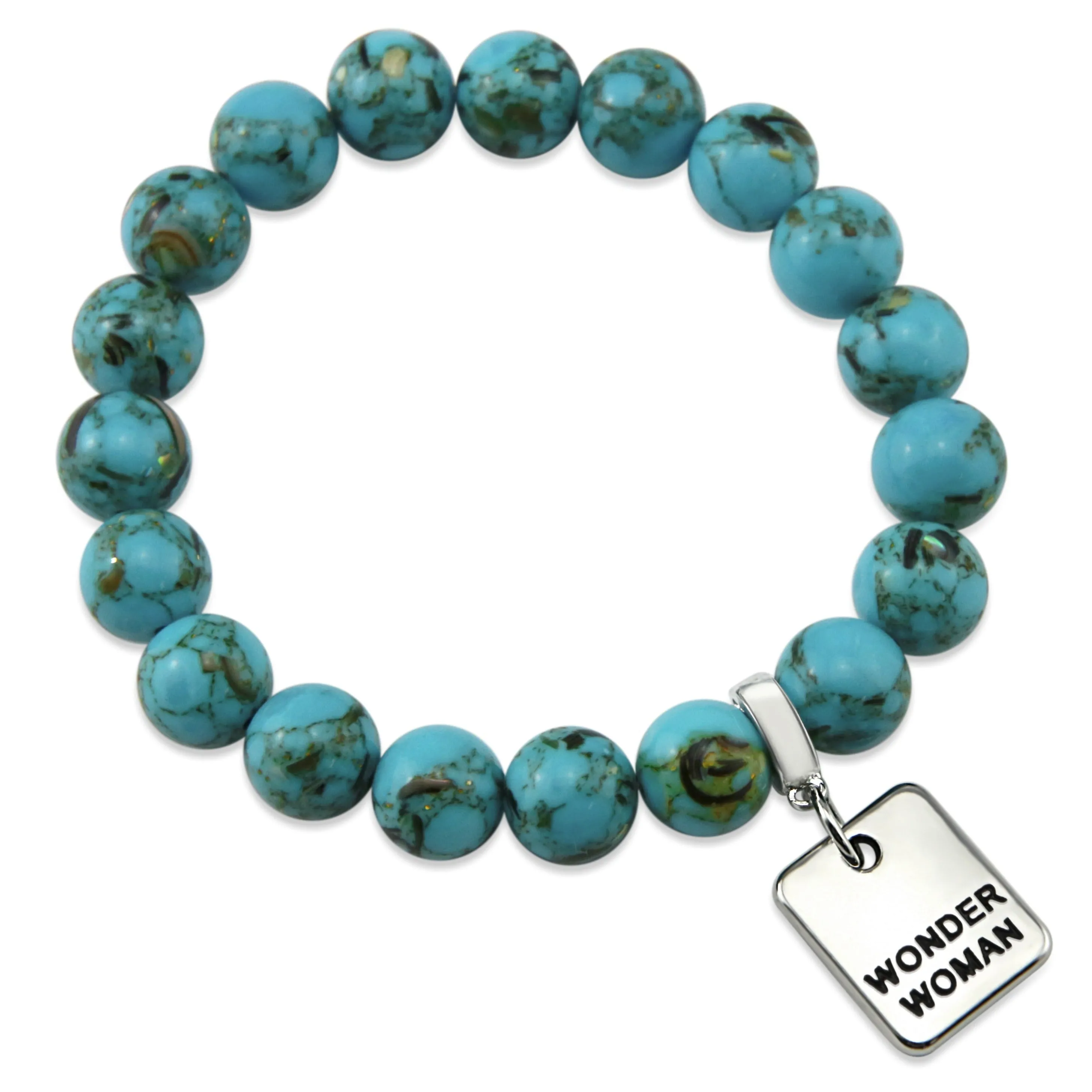 TEAL COLLECTION - Peacock Teal Synthesis 10mm Stone Bead Bracelet  - Silver Word Charms