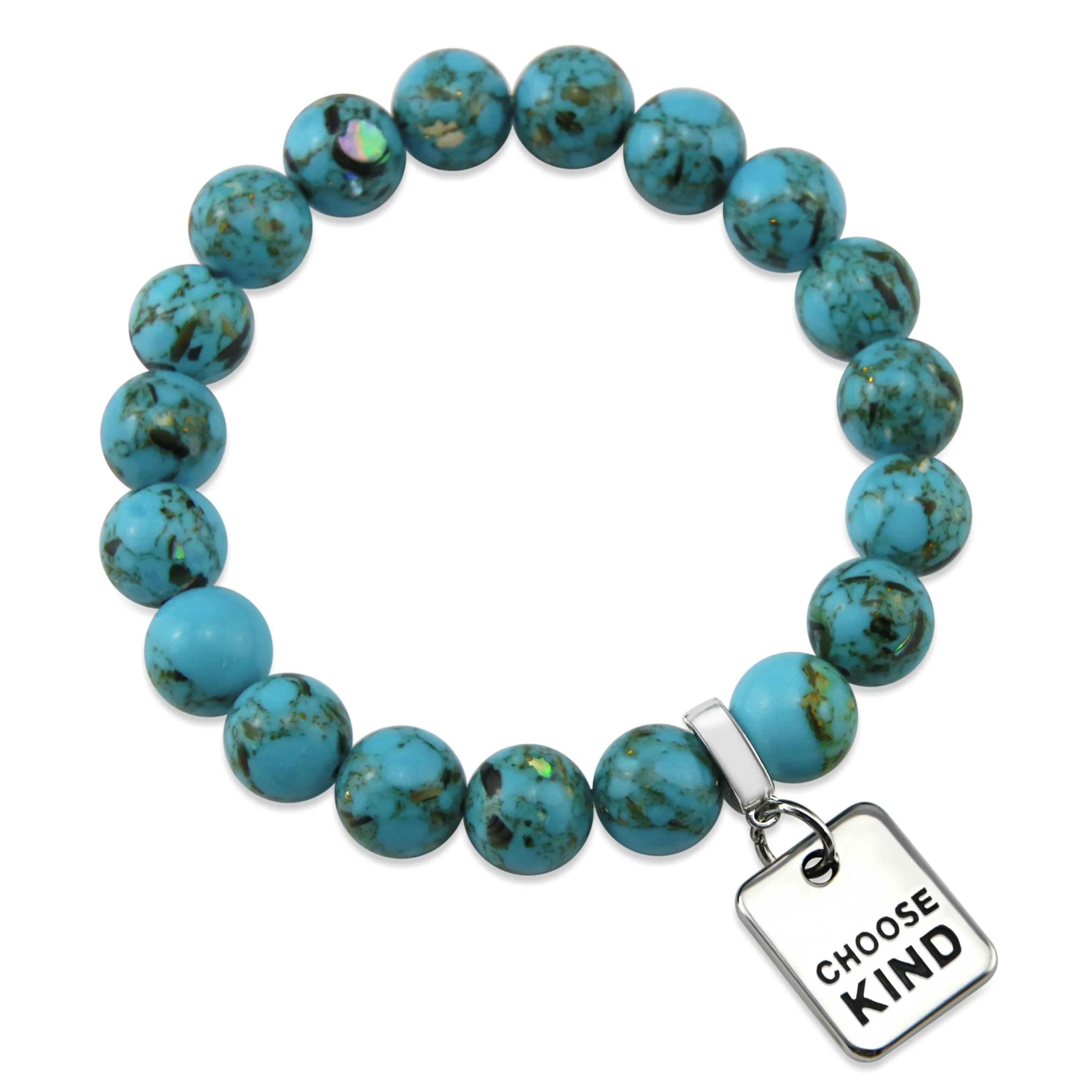 TEAL COLLECTION - Peacock Teal Synthesis 10mm Stone Bead Bracelet  - Silver Word Charms