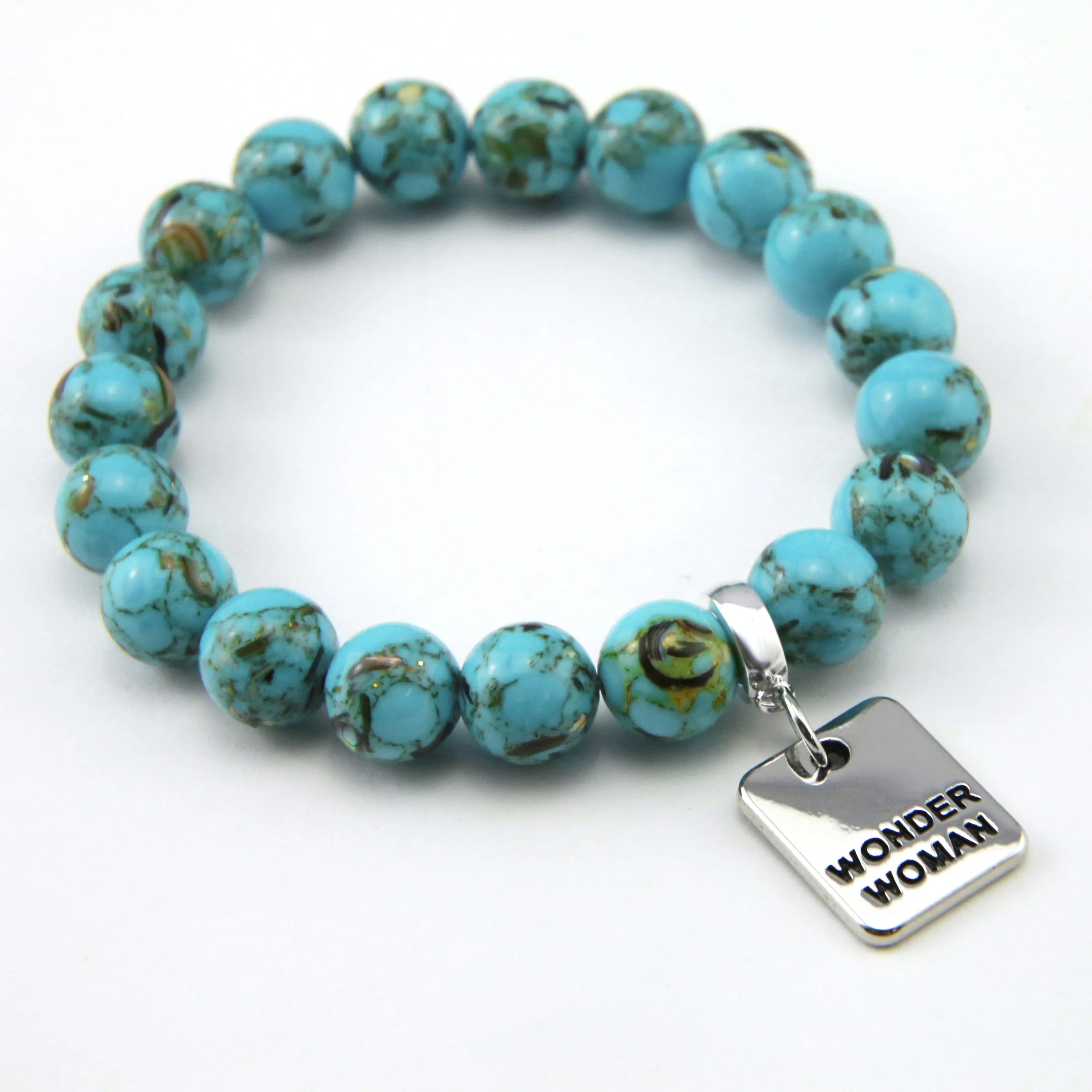 TEAL COLLECTION - Peacock Teal Synthesis 10mm Stone Bead Bracelet  - Silver Word Charms