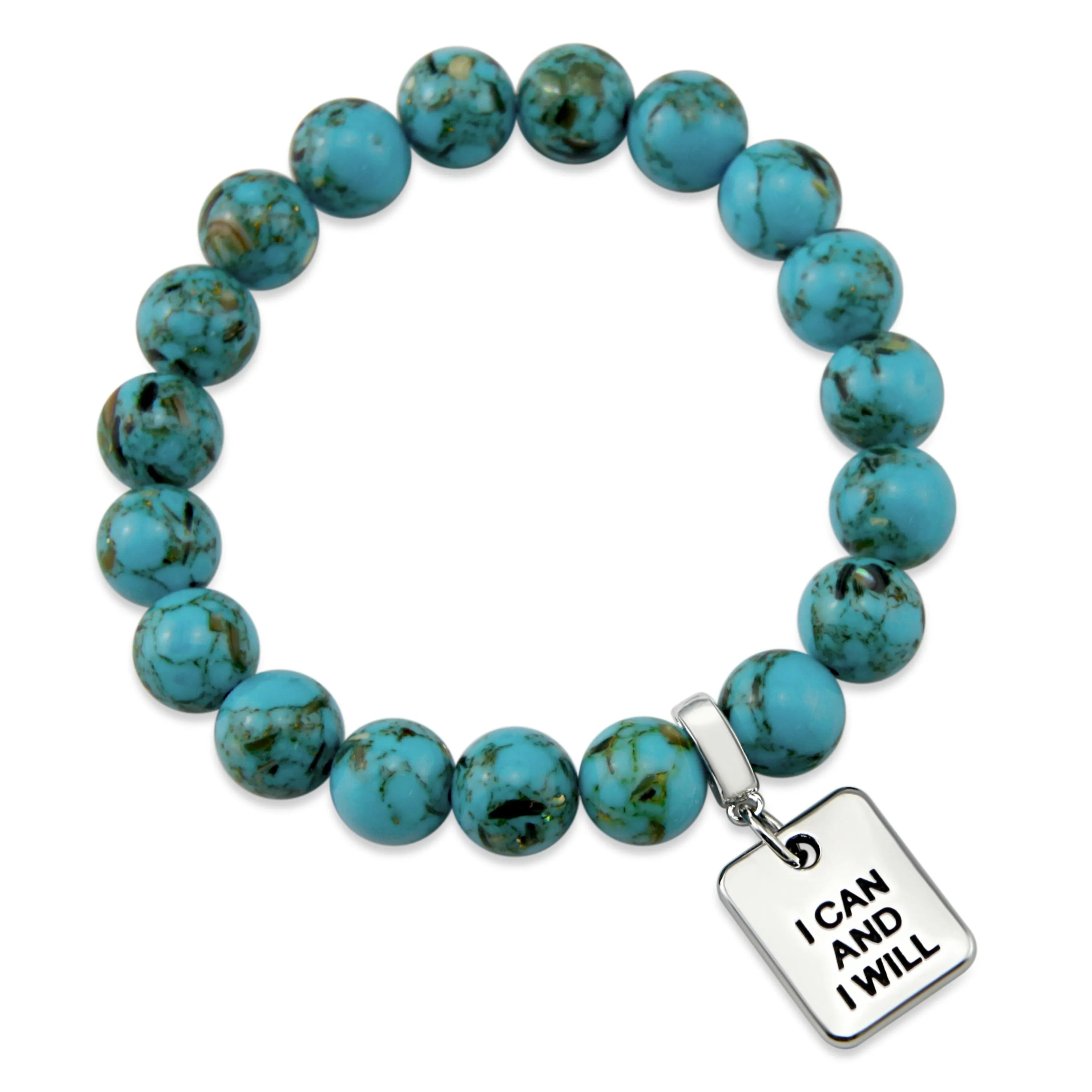 TEAL COLLECTION - Peacock Teal Synthesis 10mm Stone Bead Bracelet  - Silver Word Charms