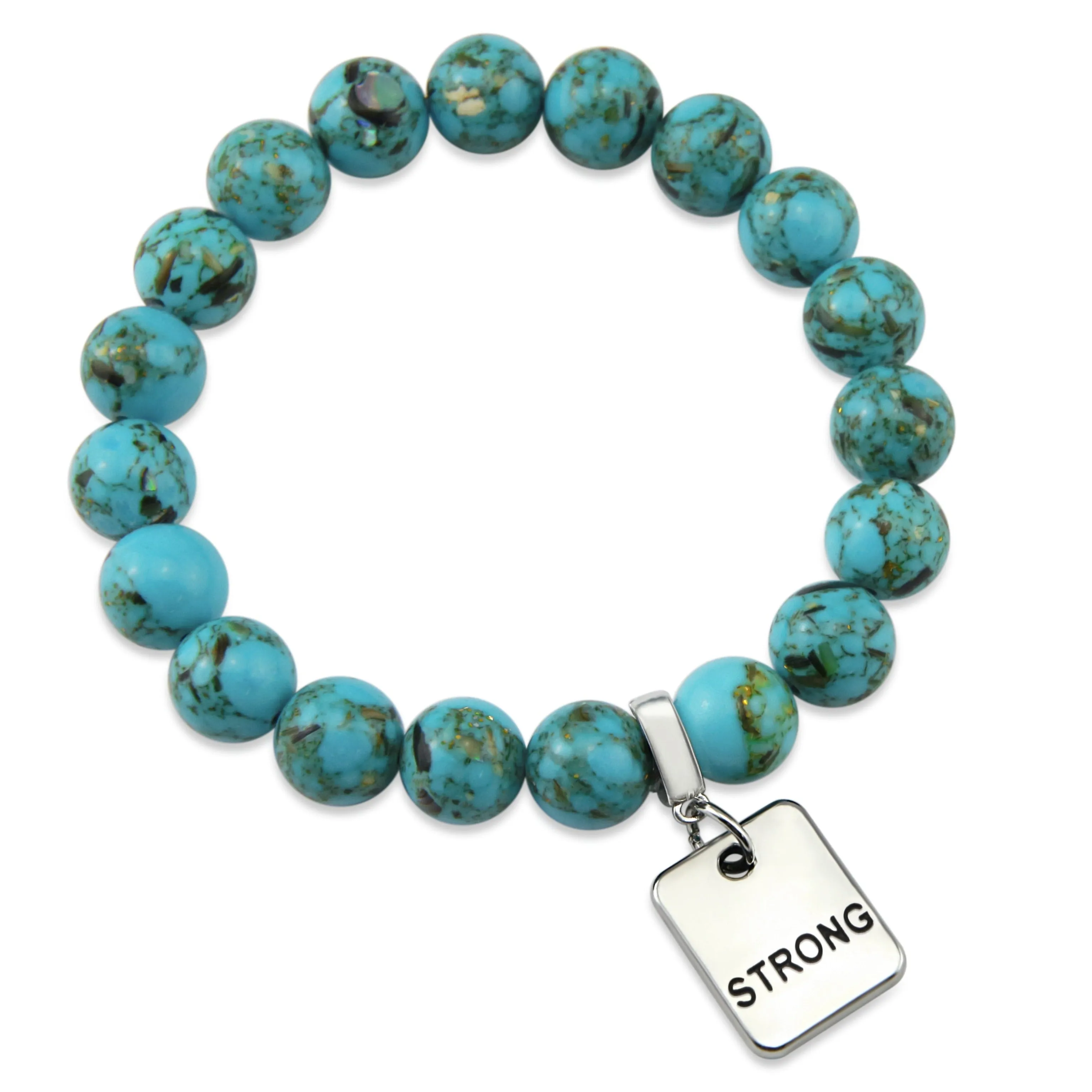 TEAL COLLECTION - Peacock Teal Synthesis 10mm Stone Bead Bracelet  - Silver Word Charms