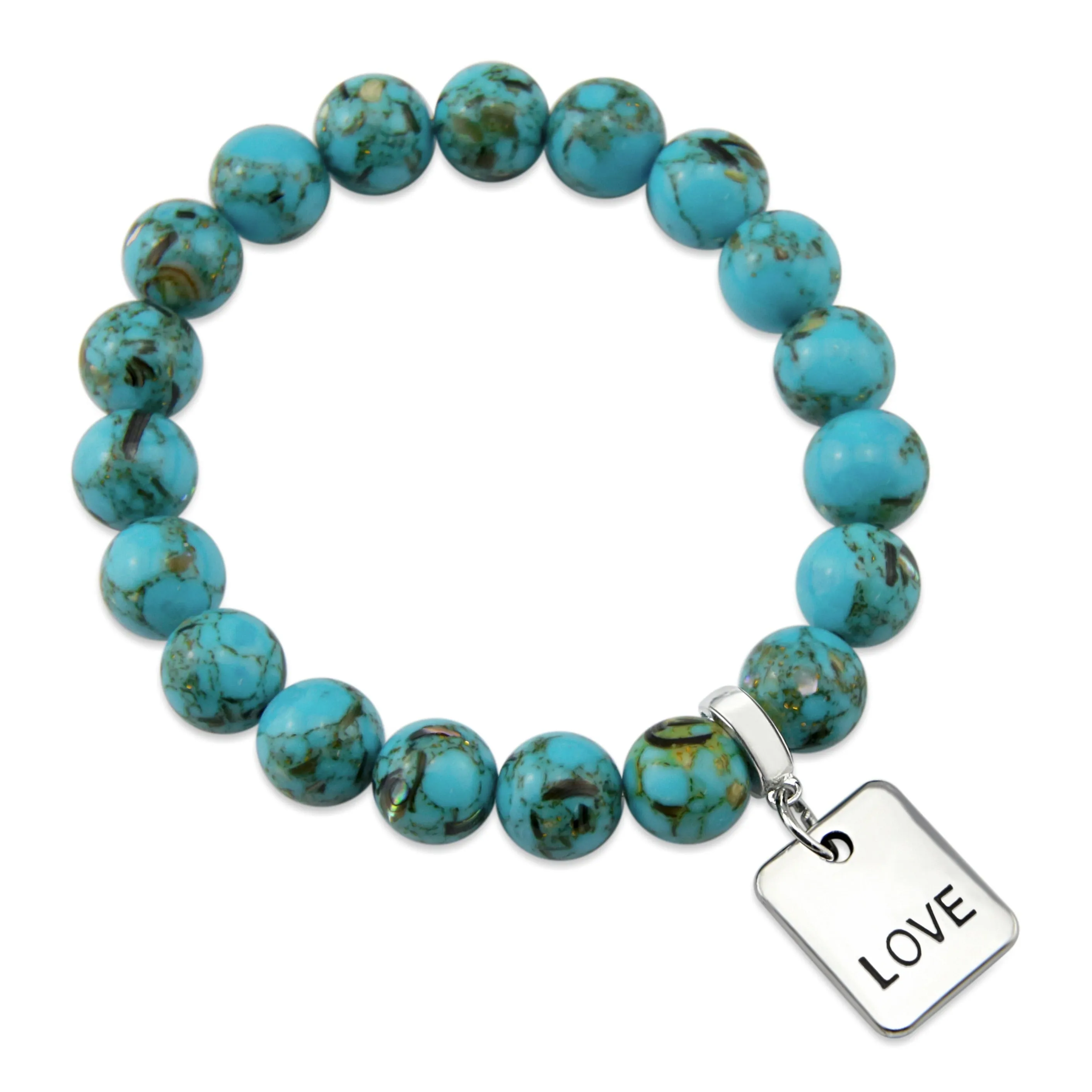 TEAL COLLECTION - Peacock Teal Synthesis 10mm Stone Bead Bracelet  - Silver Word Charms