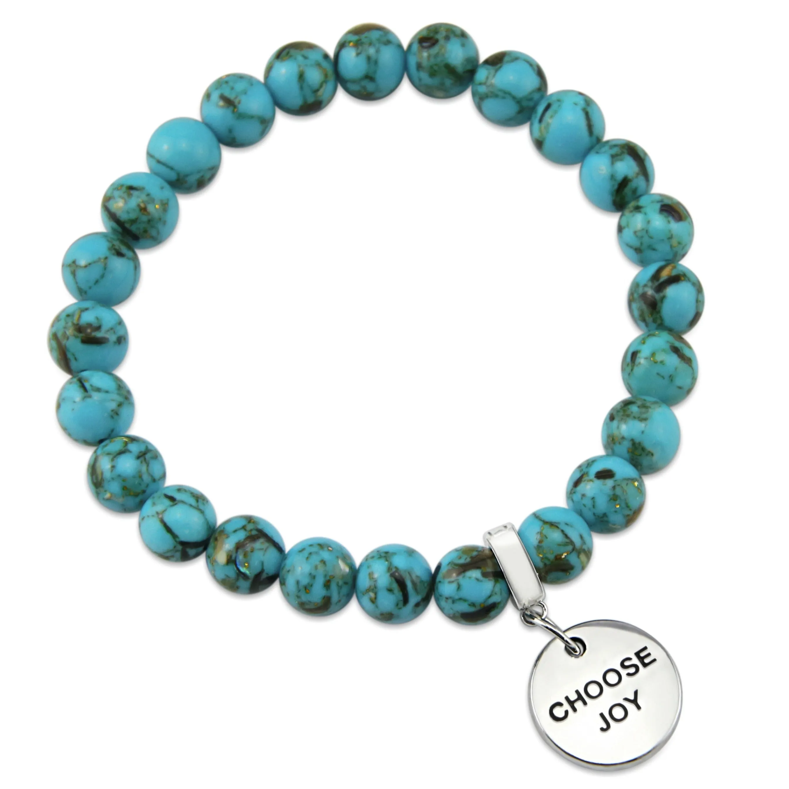 TEAL COLLECTION - Peacock Teal Synthesis 8mm Bead Bracelet - Silver Word Charms