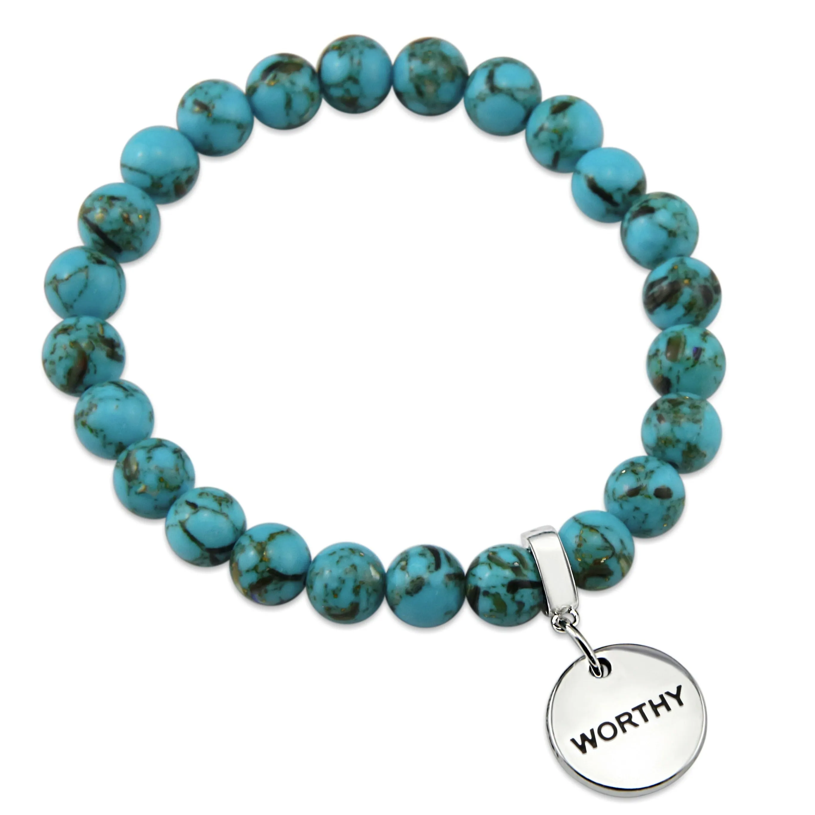 TEAL COLLECTION - Peacock Teal Synthesis 8mm Bead Bracelet - Silver Word Charms