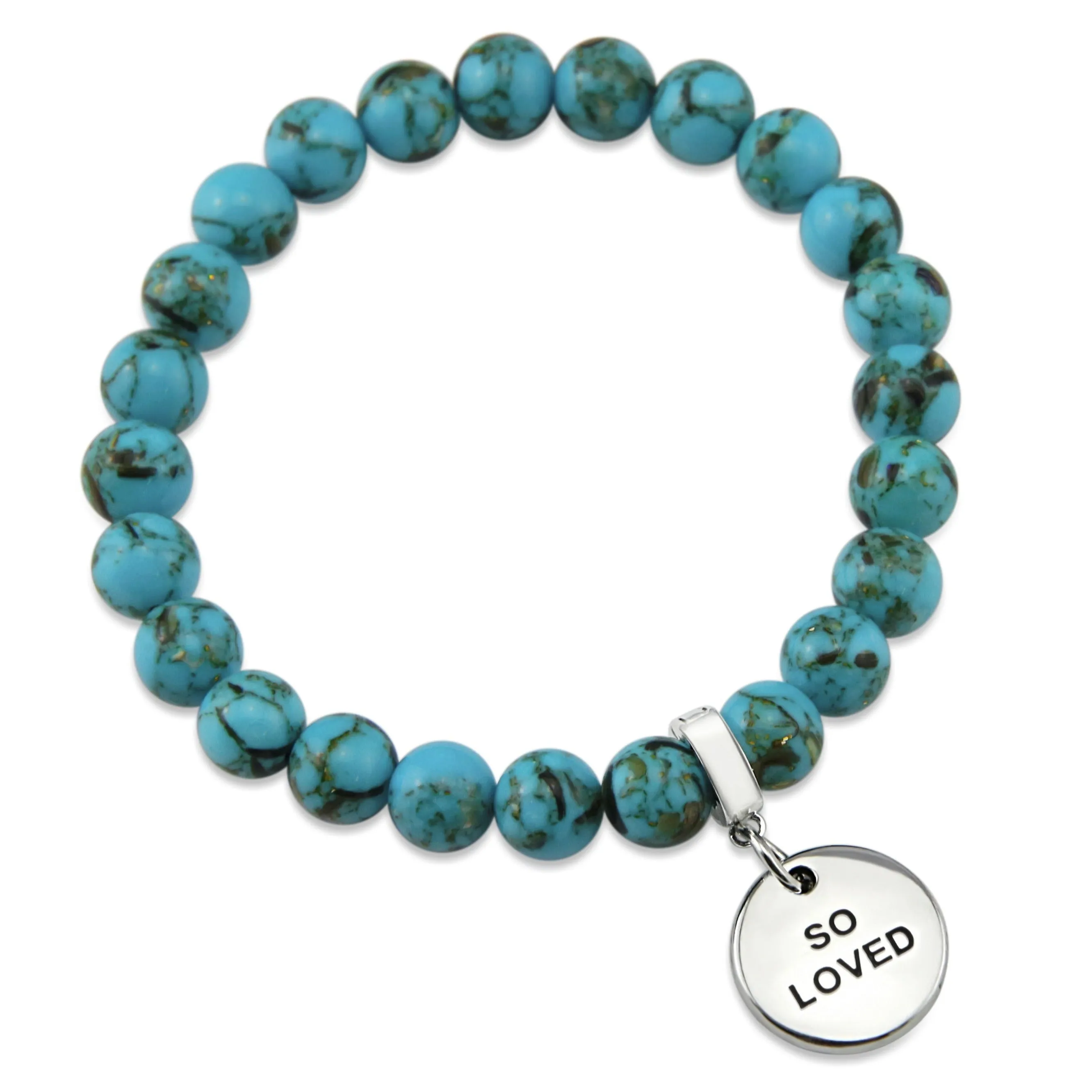 TEAL COLLECTION - Peacock Teal Synthesis 8mm Bead Bracelet - Silver Word Charms