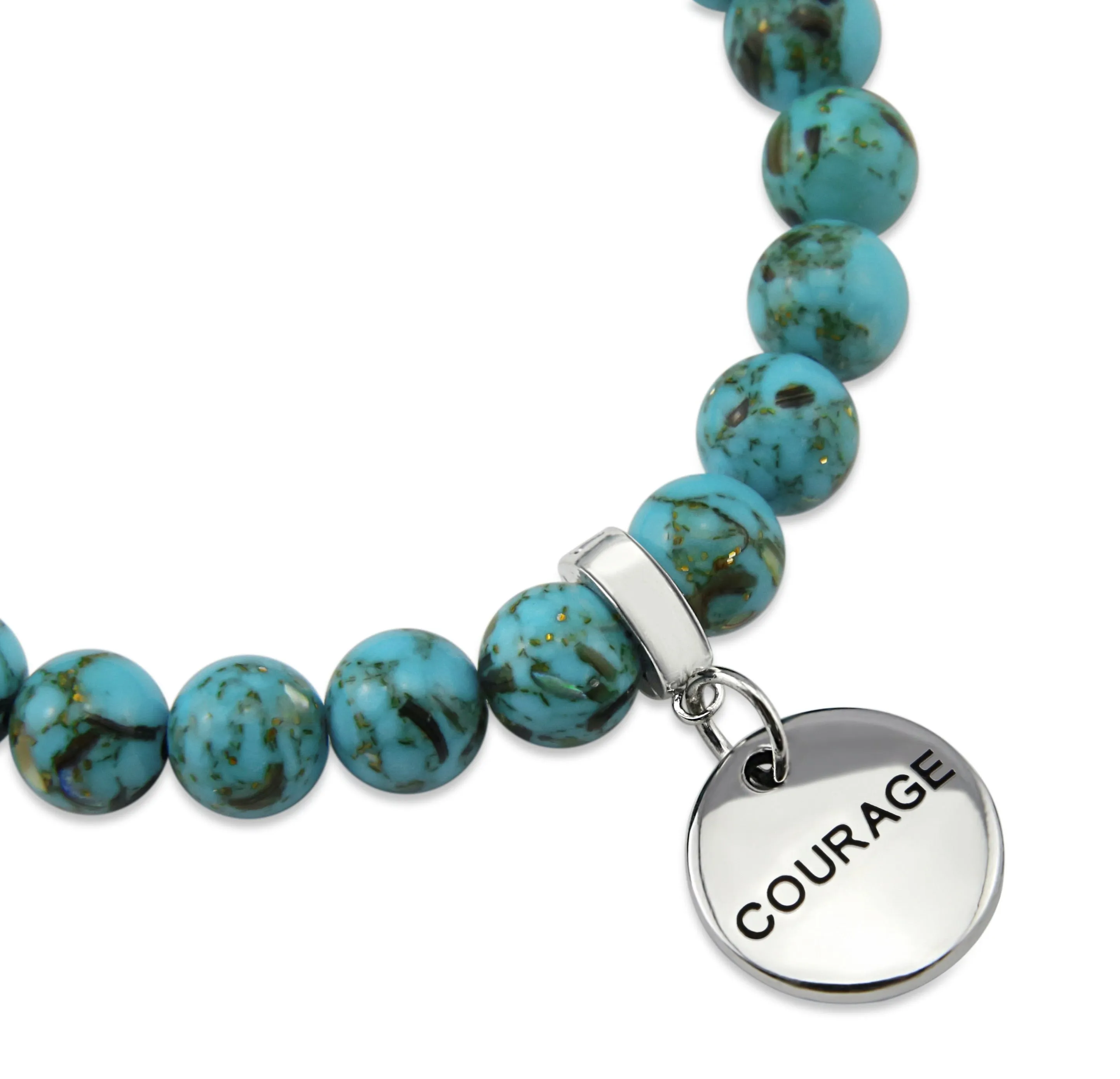 TEAL COLLECTION - Peacock Teal Synthesis 8mm Bead Bracelet - Silver Word Charms