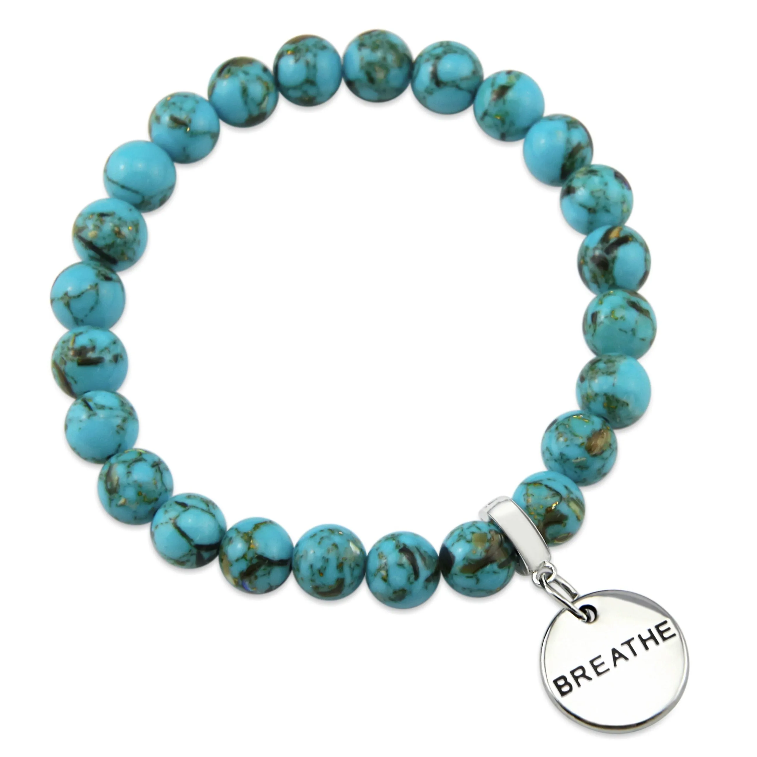 TEAL COLLECTION - Peacock Teal Synthesis 8mm Bead Bracelet - Silver Word Charms