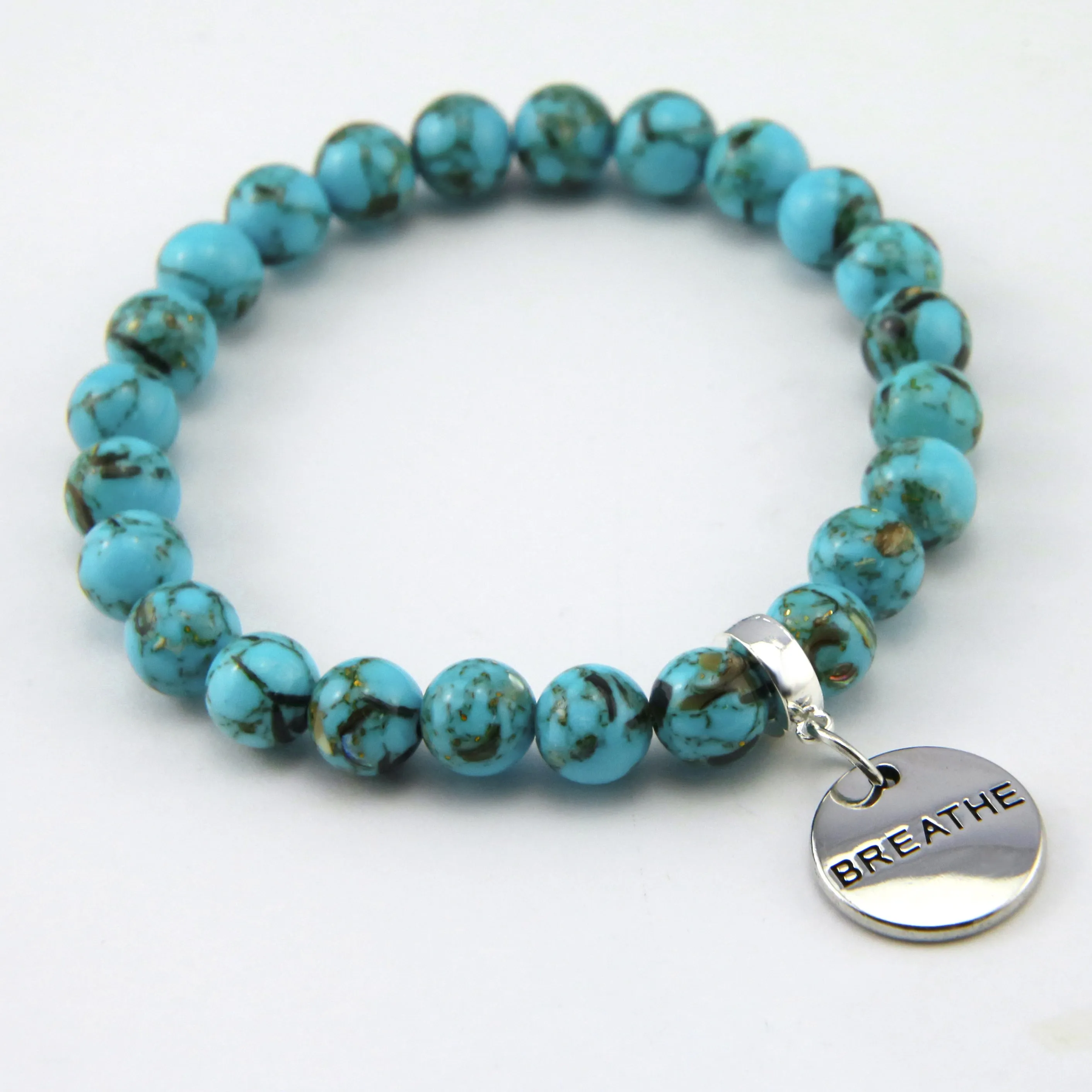 TEAL COLLECTION - Peacock Teal Synthesis 8mm Bead Bracelet - Silver Word Charms