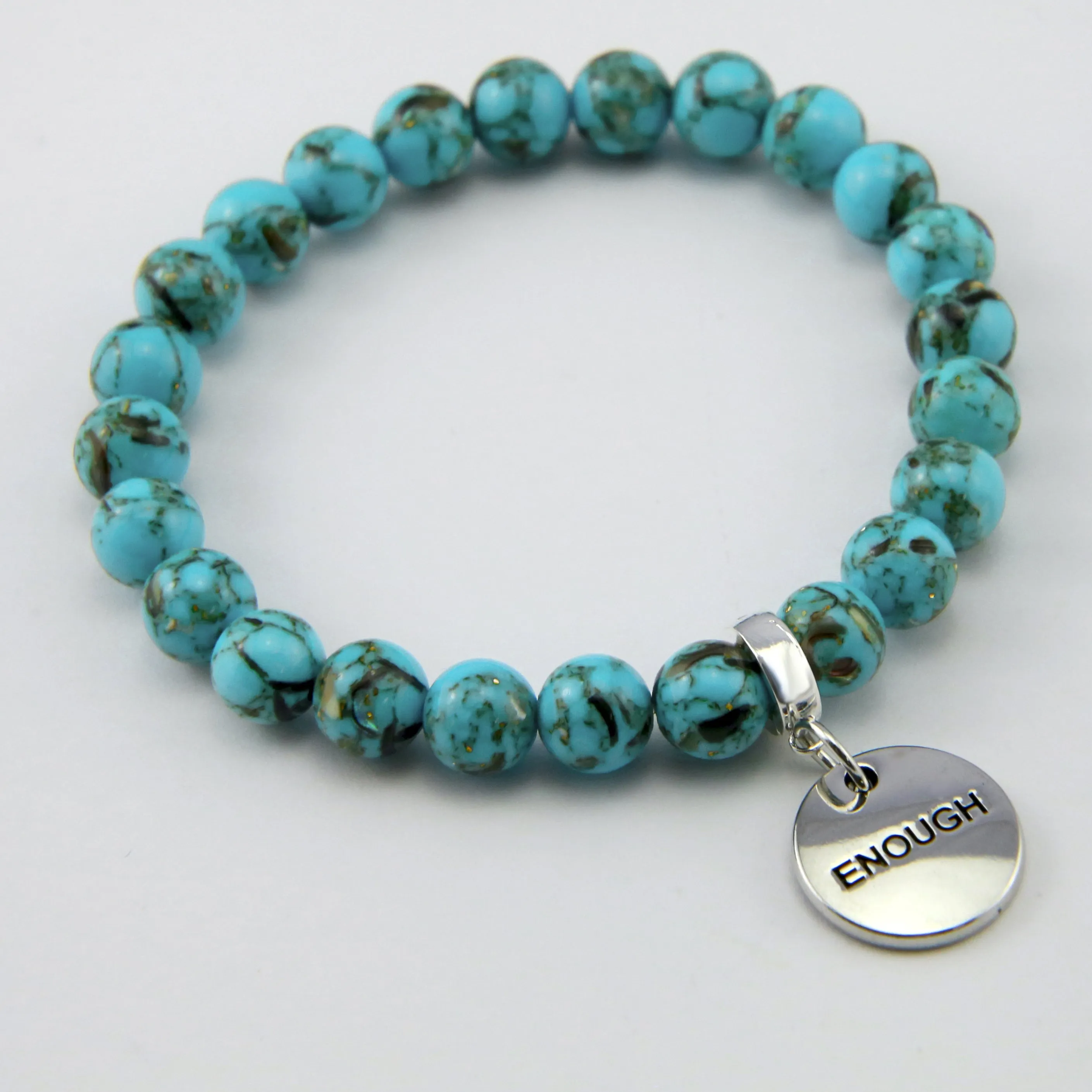 TEAL COLLECTION - Peacock Teal Synthesis 8mm Bead Bracelet - Silver Word Charms