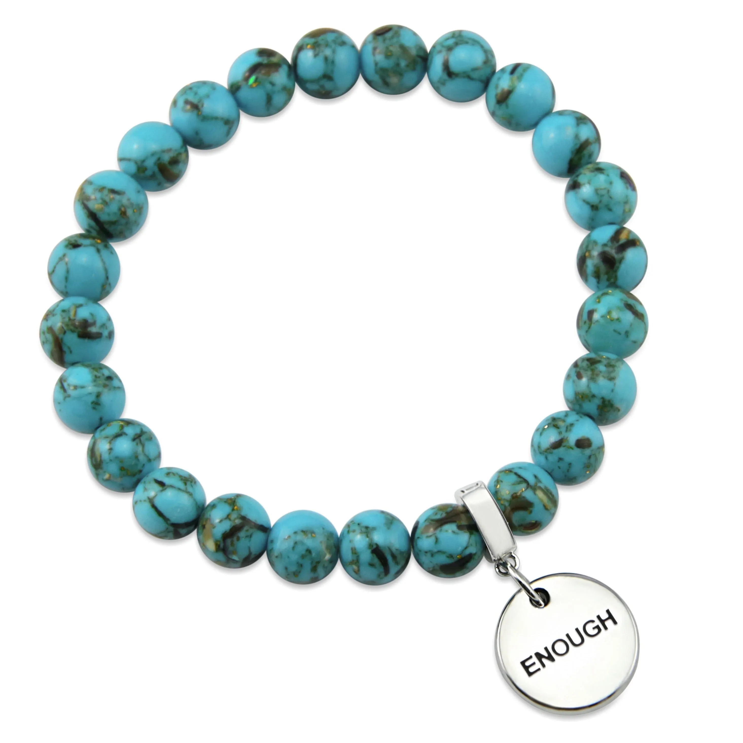 TEAL COLLECTION - Peacock Teal Synthesis 8mm Bead Bracelet - Silver Word Charms