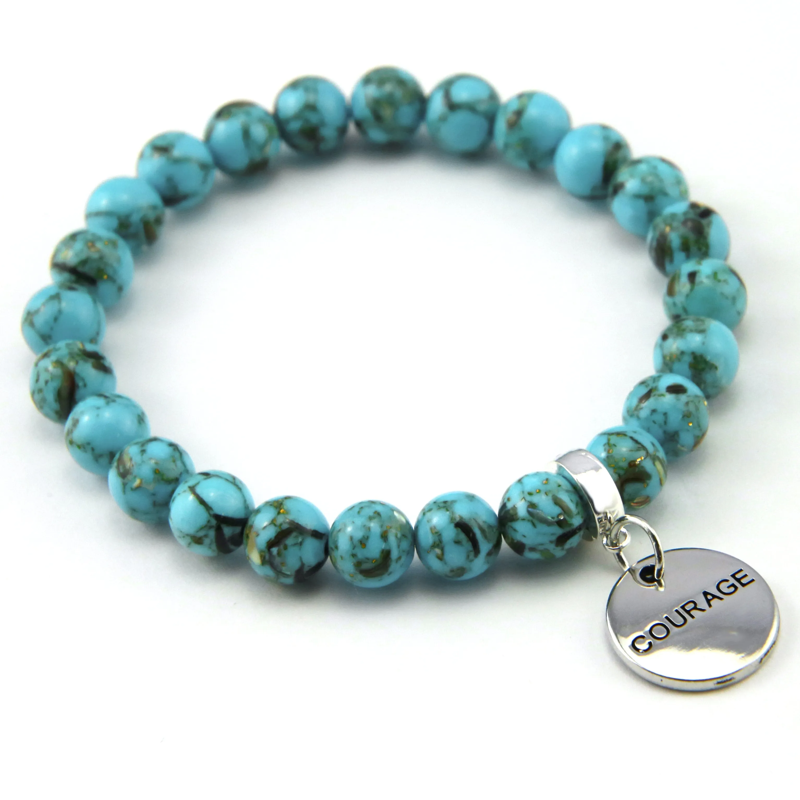 TEAL COLLECTION - Peacock Teal Synthesis 8mm Bead Bracelet - Silver Word Charms