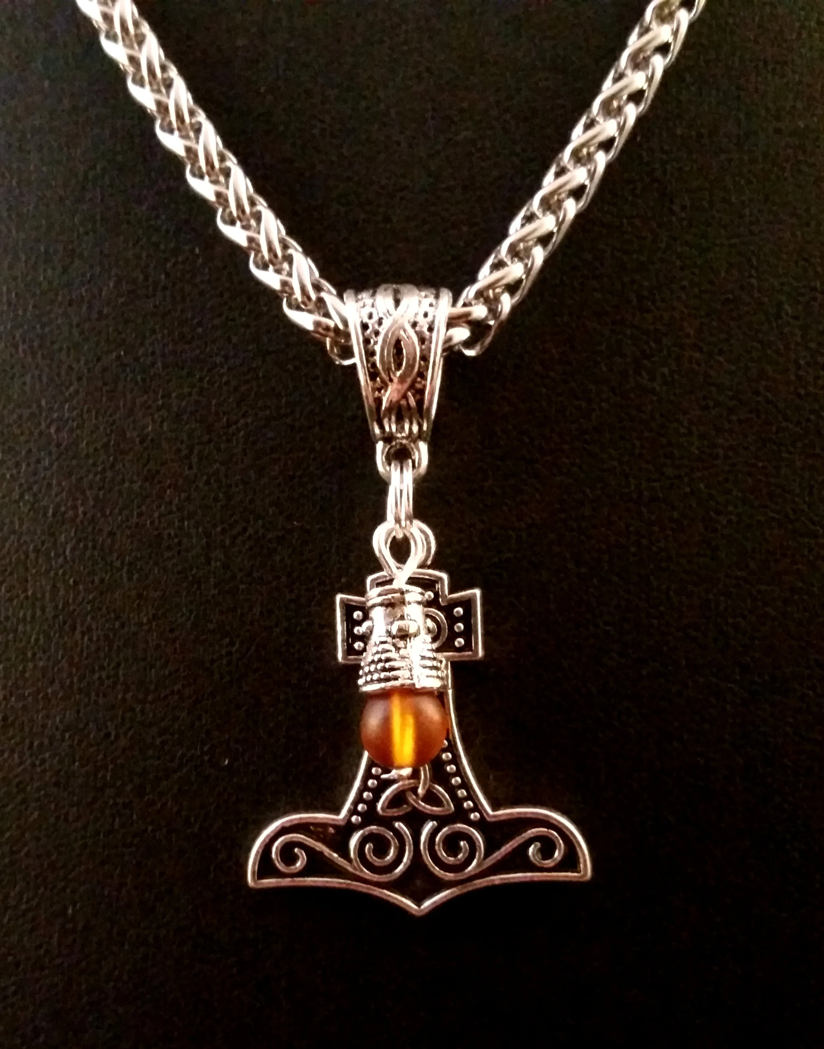 Thor's Hammer Necklace Silver Amber Beads