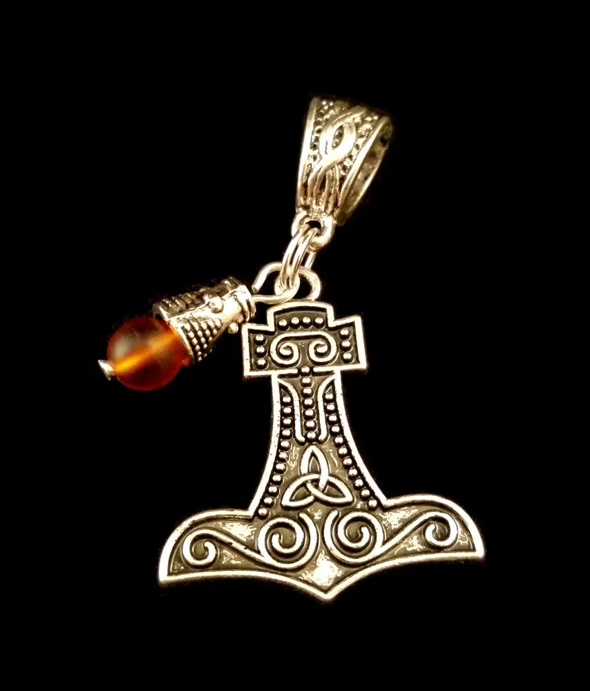 Thor's Hammer Necklace Silver Amber Beads