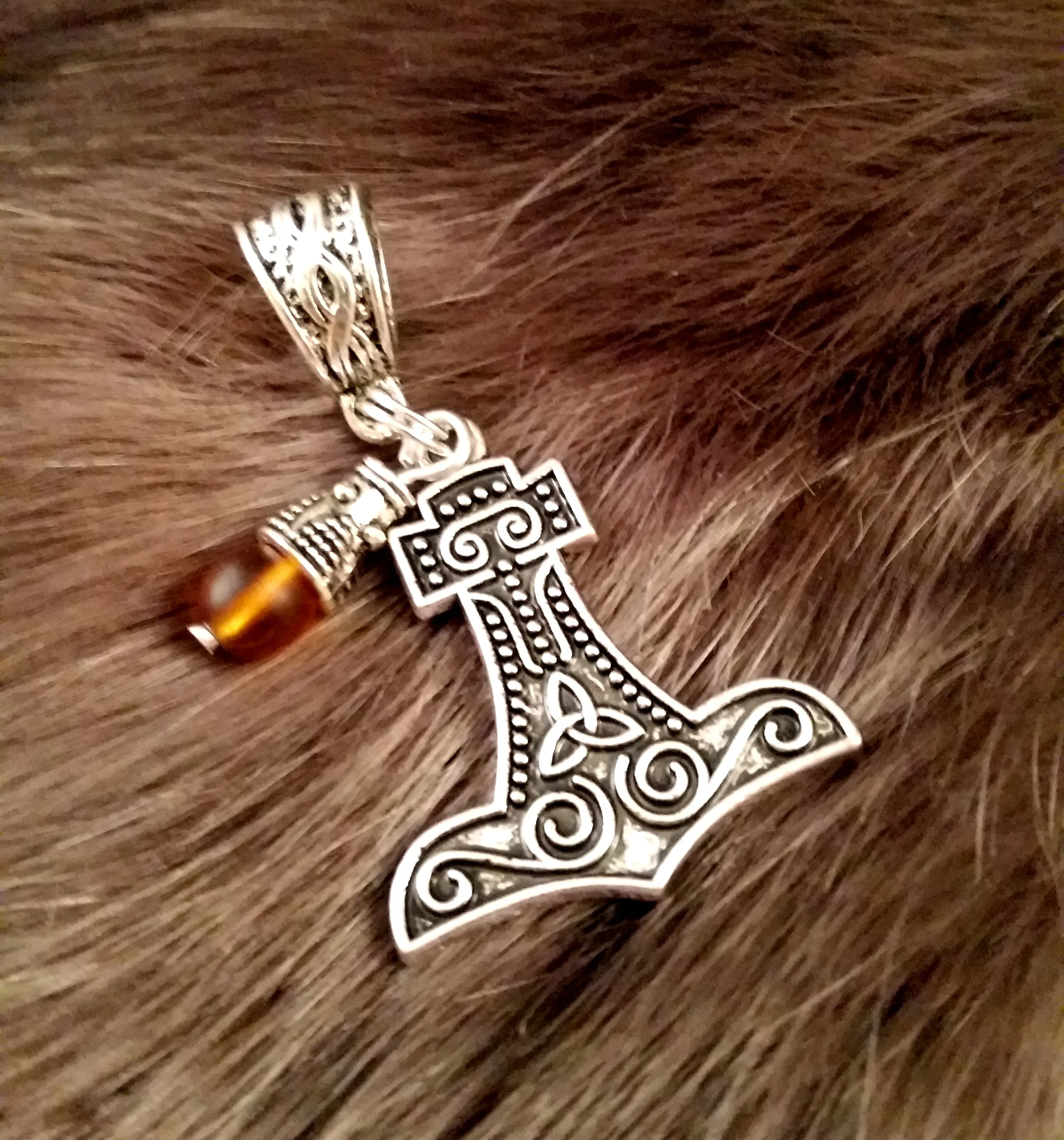 Thor's Hammer Necklace Silver Amber Beads