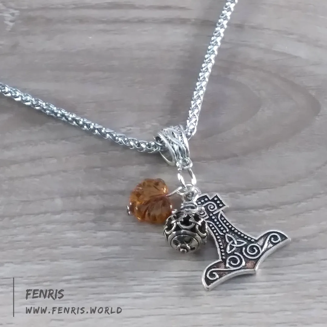 Thor's Hammer Necklace Silver Amber Leaf Norse Viking Style