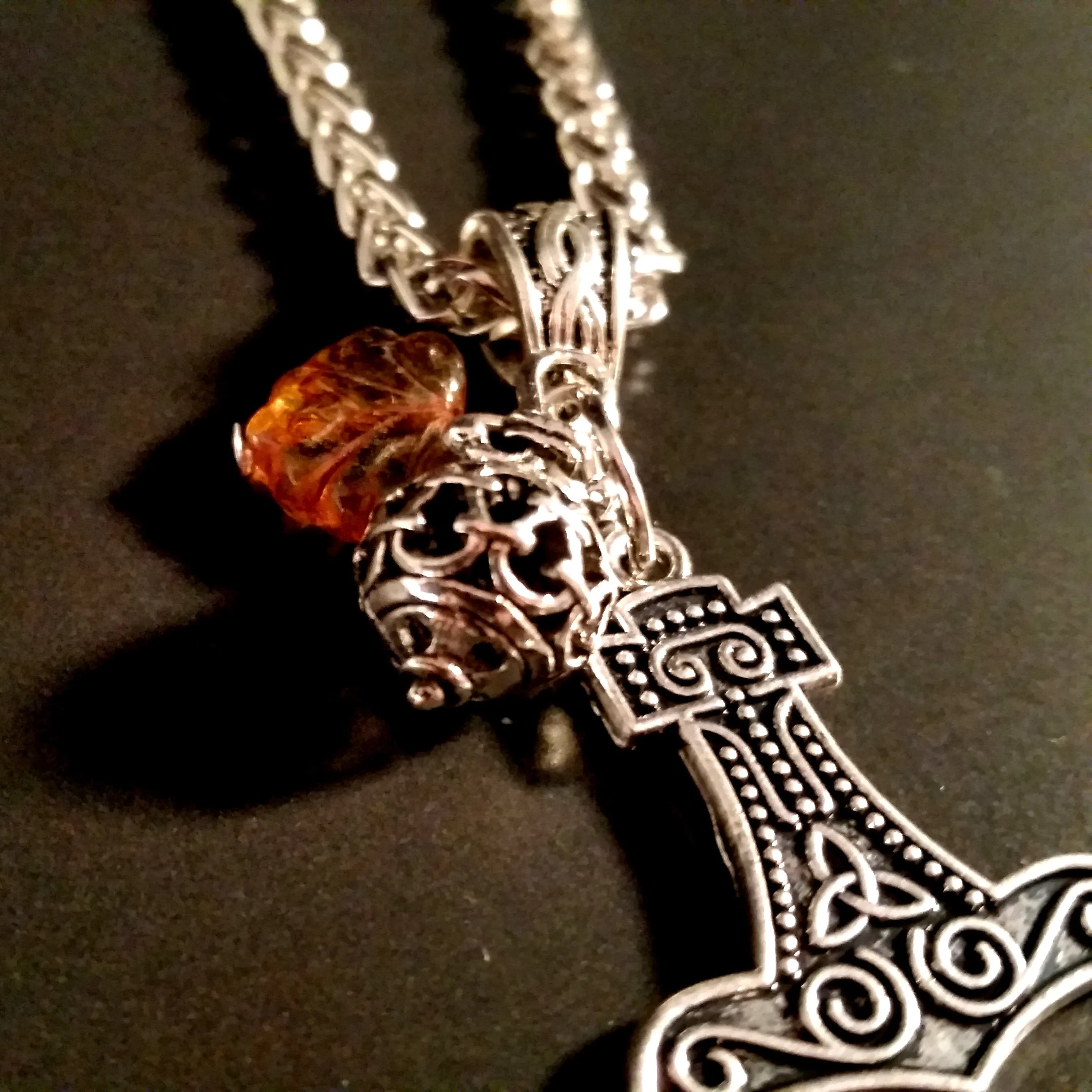 Thor's Hammer Necklace Silver Amber Leaf Norse Viking Style