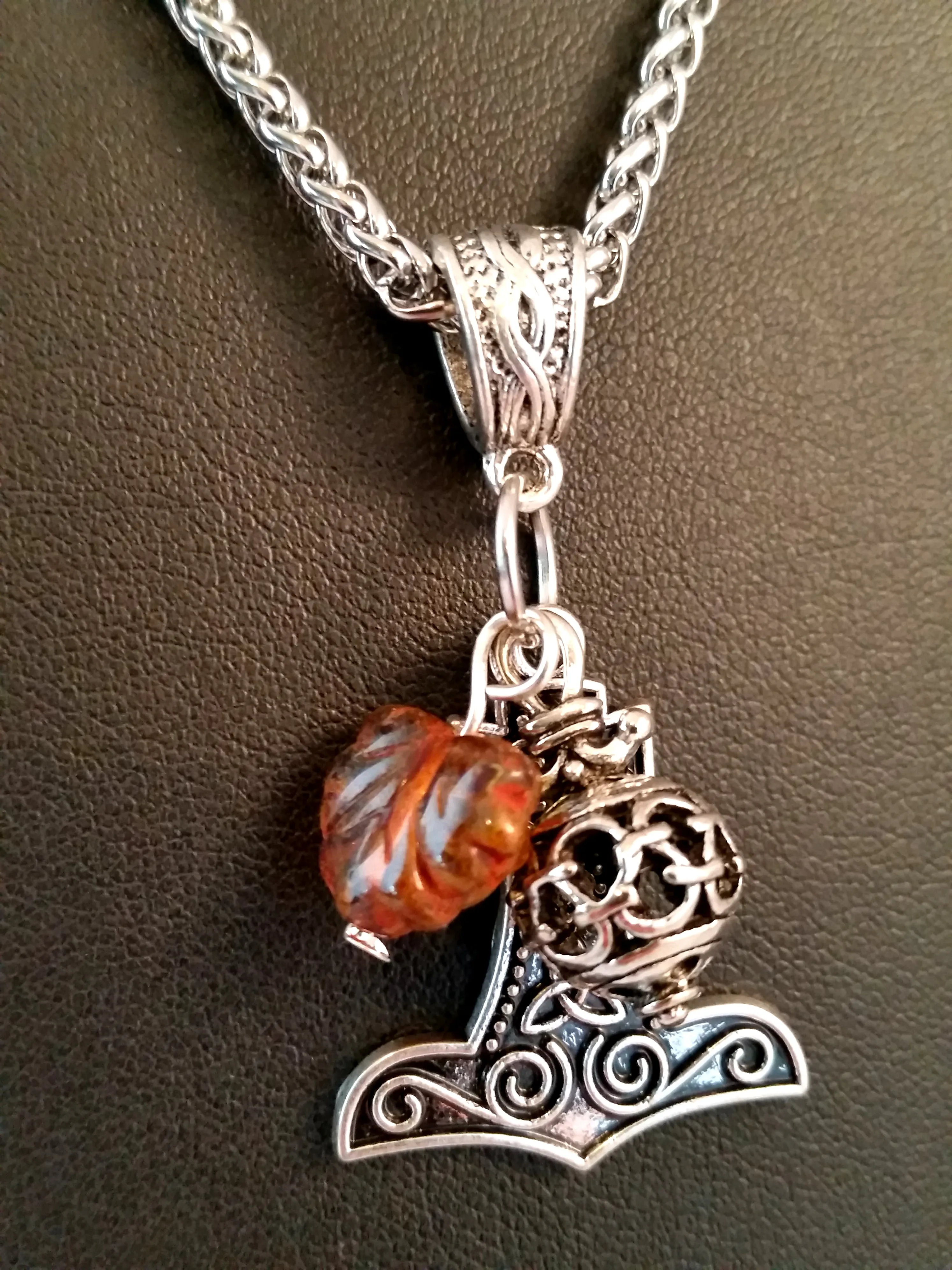 Thor's Hammer Necklace Silver Amber Leaf Norse Viking Style