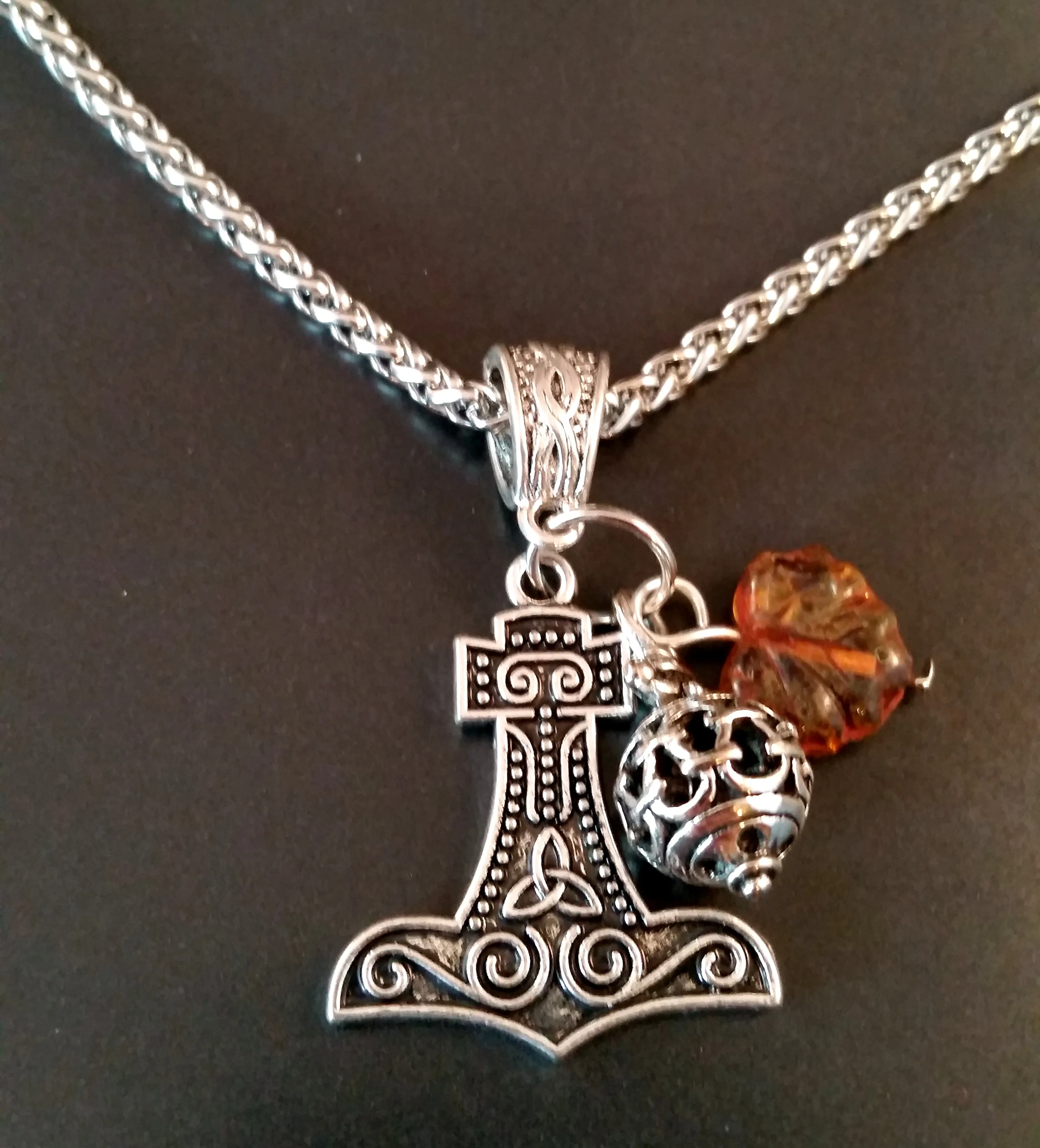 Thor's Hammer Necklace Silver Amber Leaf Norse Viking Style