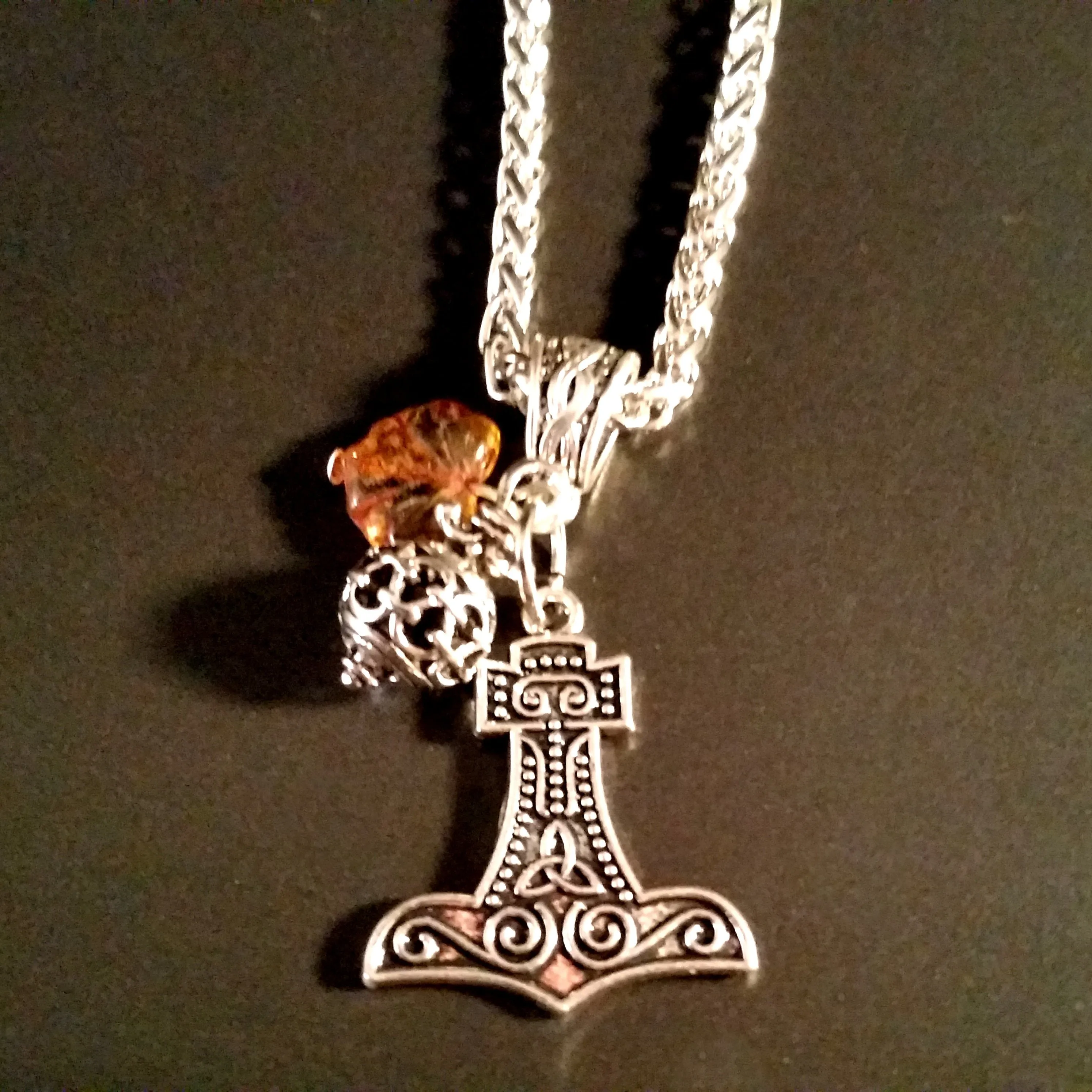 Thor's Hammer Necklace Silver Amber Leaf Norse Viking Style