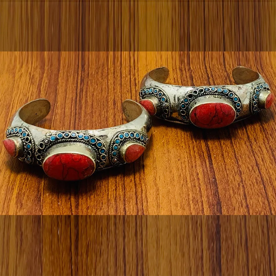 Tribal Coral Stones Cuff Bracelet with Beads