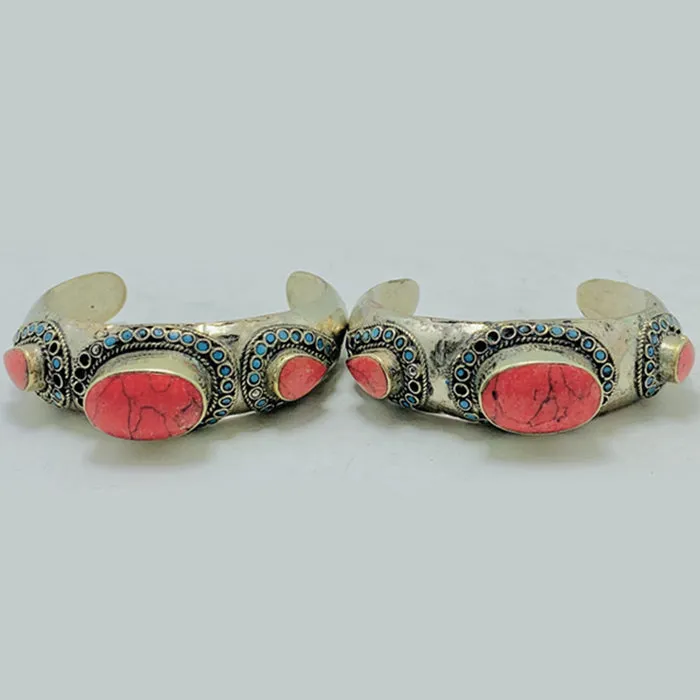 Tribal Coral Stones Cuff Bracelet with Beads