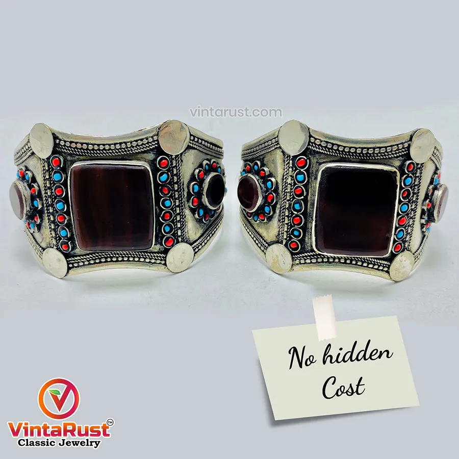 Tribal Stone Cuff Bracelet With Turquoise and Coral Beads