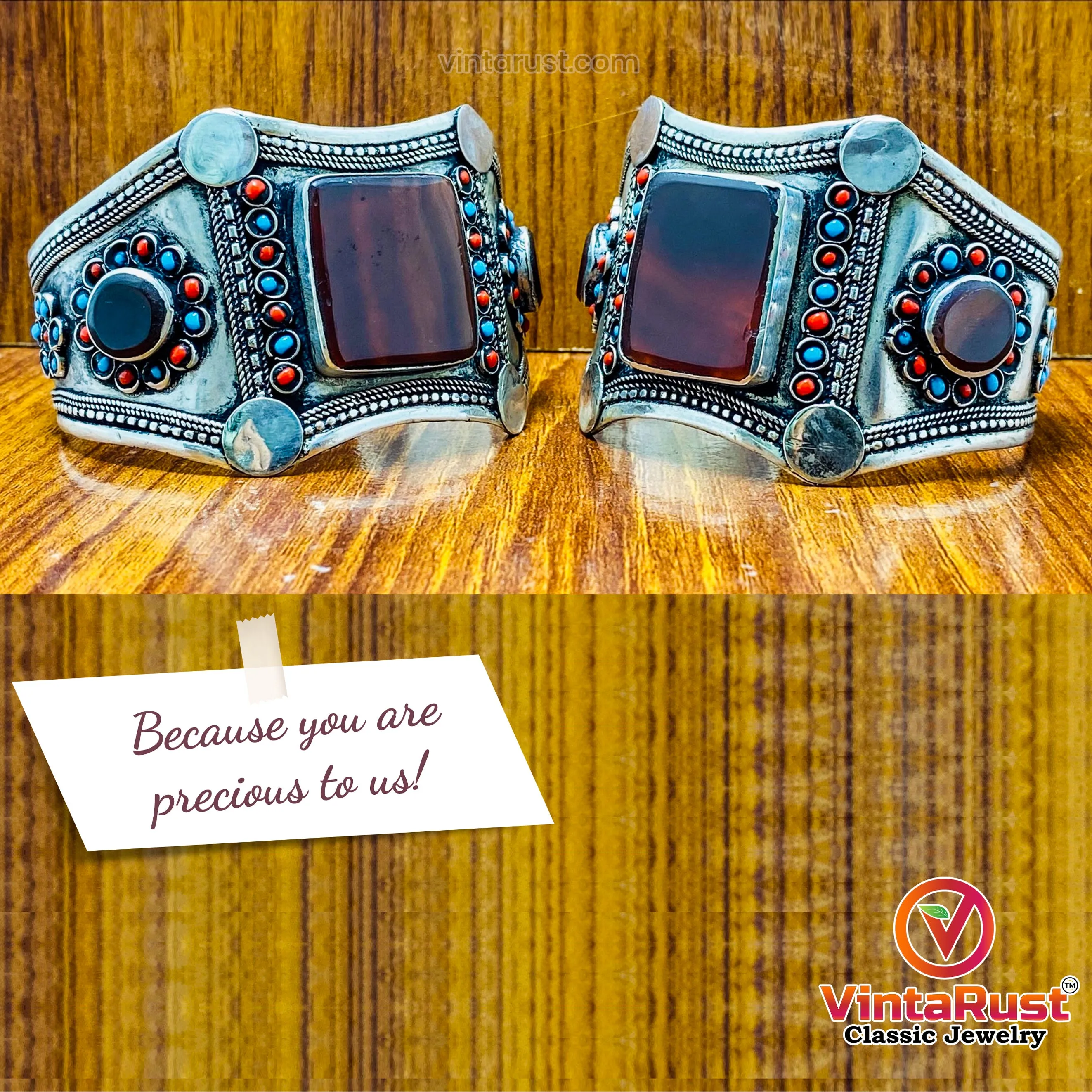 Tribal Stone Cuff Bracelet With Turquoise and Coral Beads