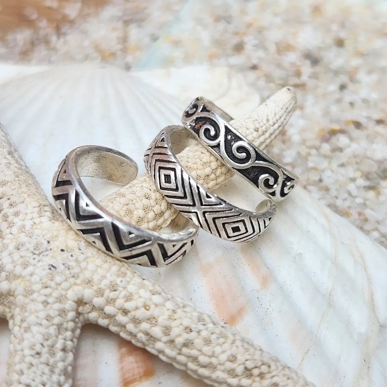 TRIBAL STYLE BOHO SET OF 3 WATERPROOF  - SILVER TOE RINGS