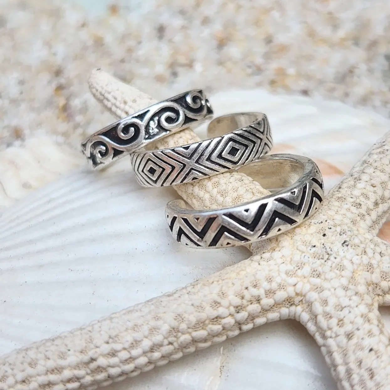 TRIBAL STYLE BOHO SET OF 3 WATERPROOF  - SILVER TOE RINGS