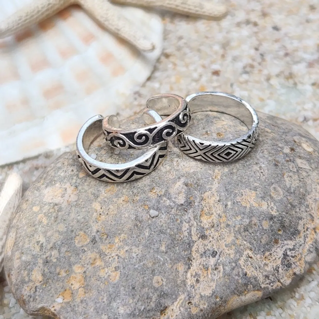 TRIBAL STYLE BOHO SET OF 3 WATERPROOF  - SILVER TOE RINGS