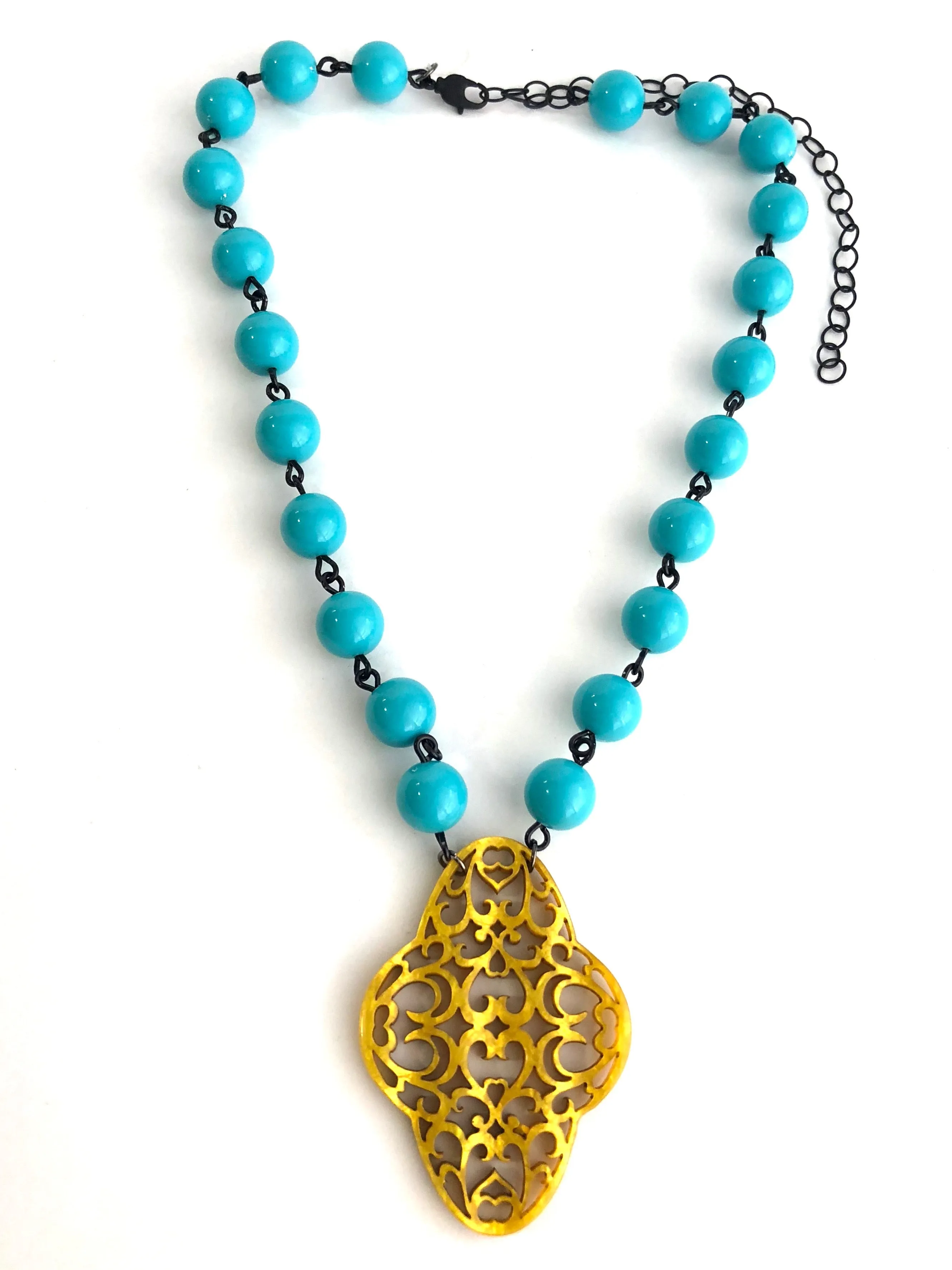 Turquoise & Golden Yellow Boho Lace Beaded Aleta Necklace