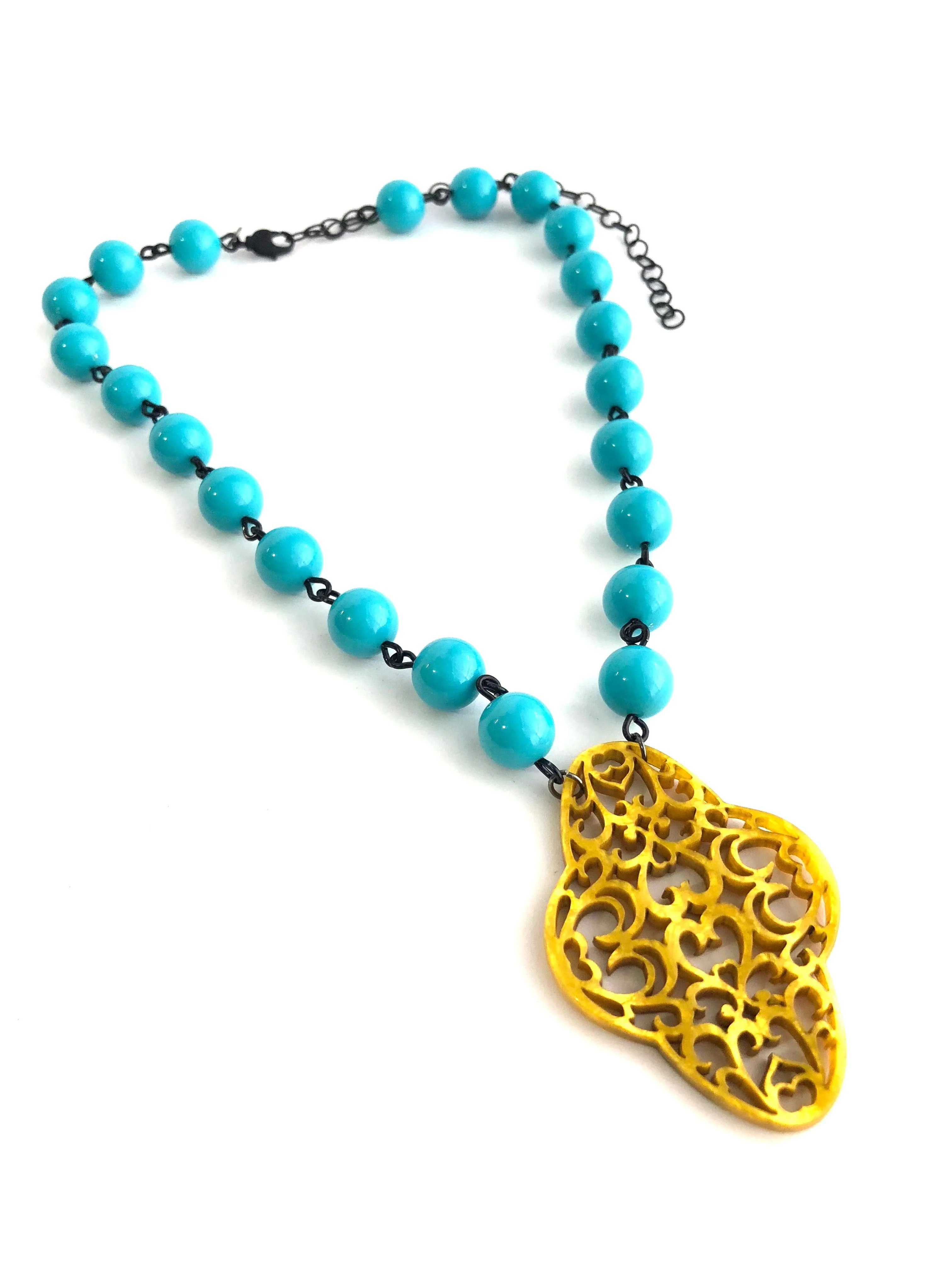 Turquoise & Golden Yellow Boho Lace Beaded Aleta Necklace