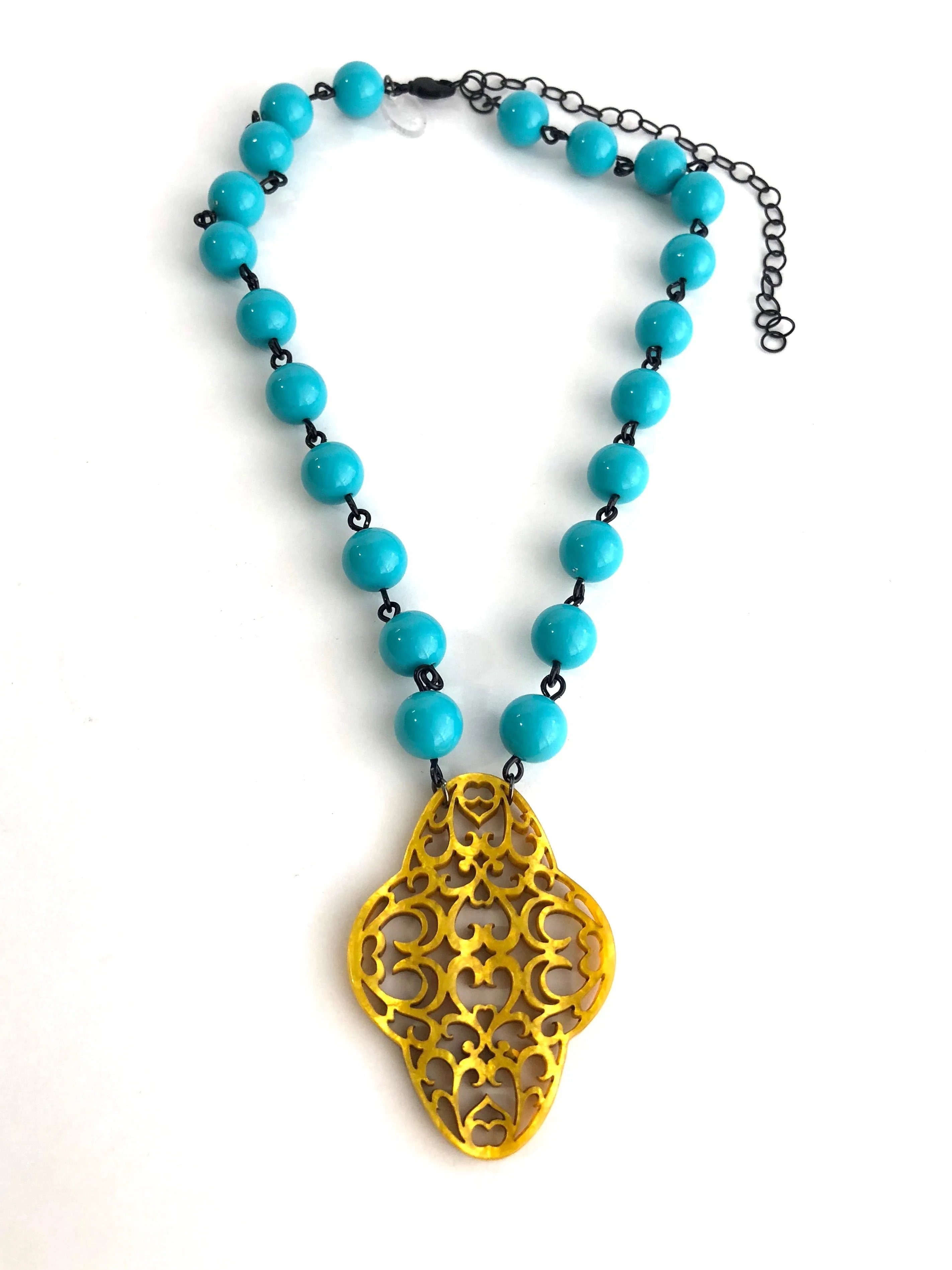 Turquoise & Golden Yellow Boho Lace Beaded Aleta Necklace