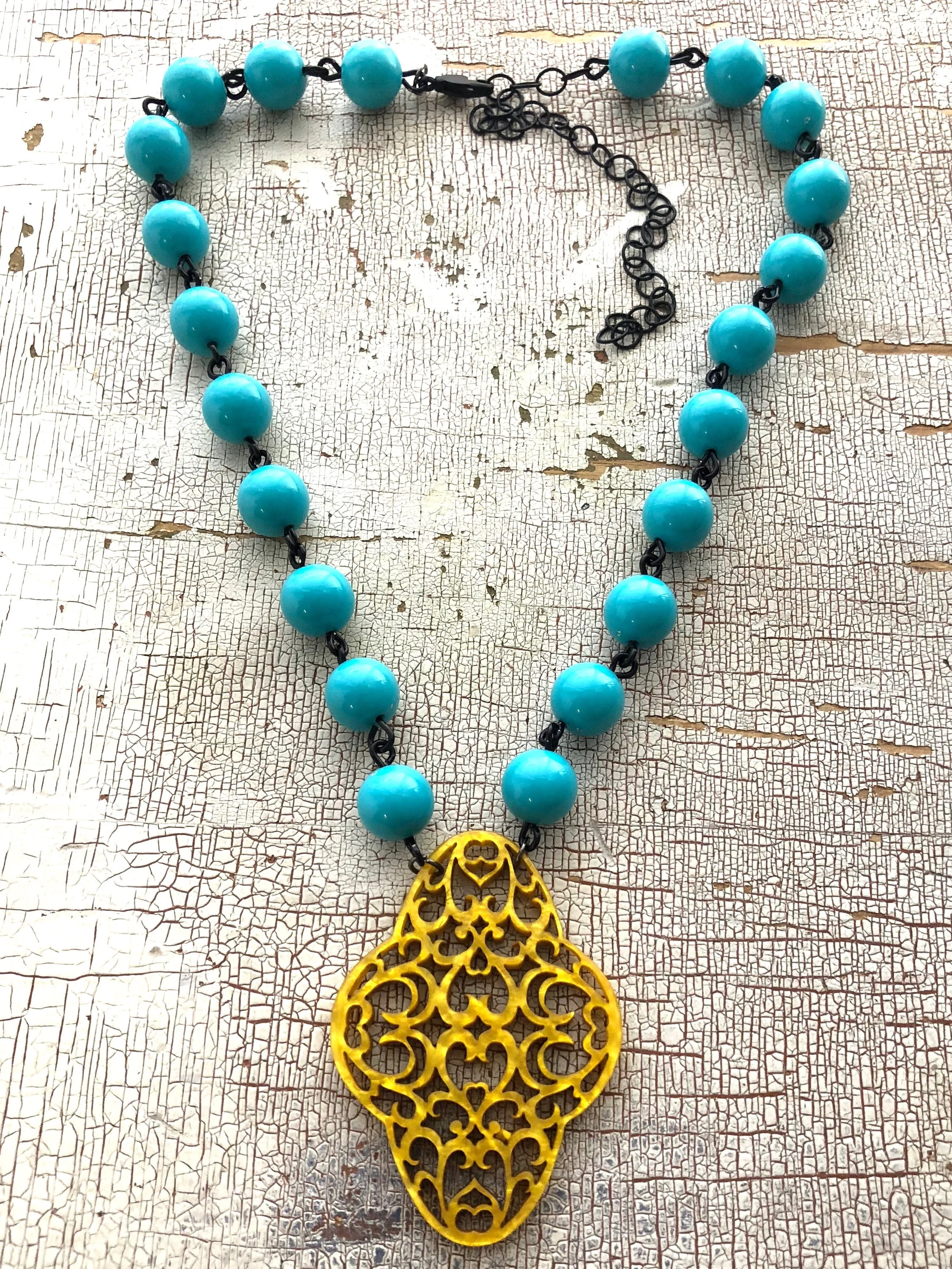 Turquoise & Golden Yellow Boho Lace Beaded Aleta Necklace