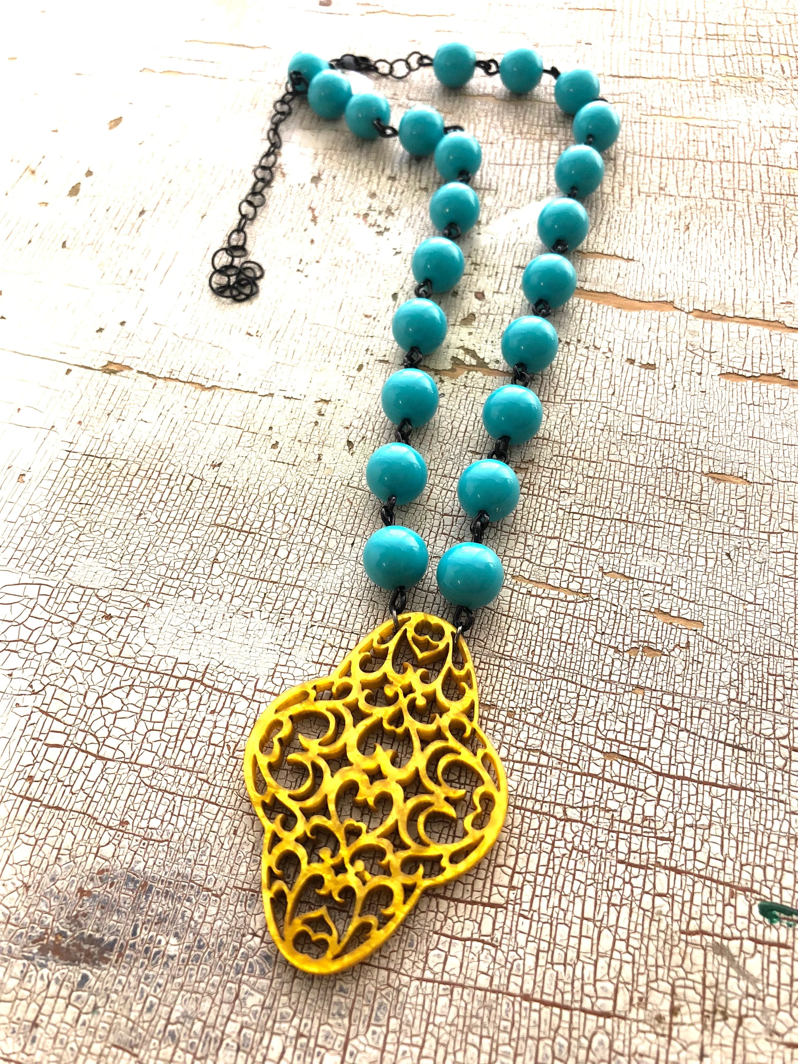 Turquoise & Golden Yellow Boho Lace Beaded Aleta Necklace