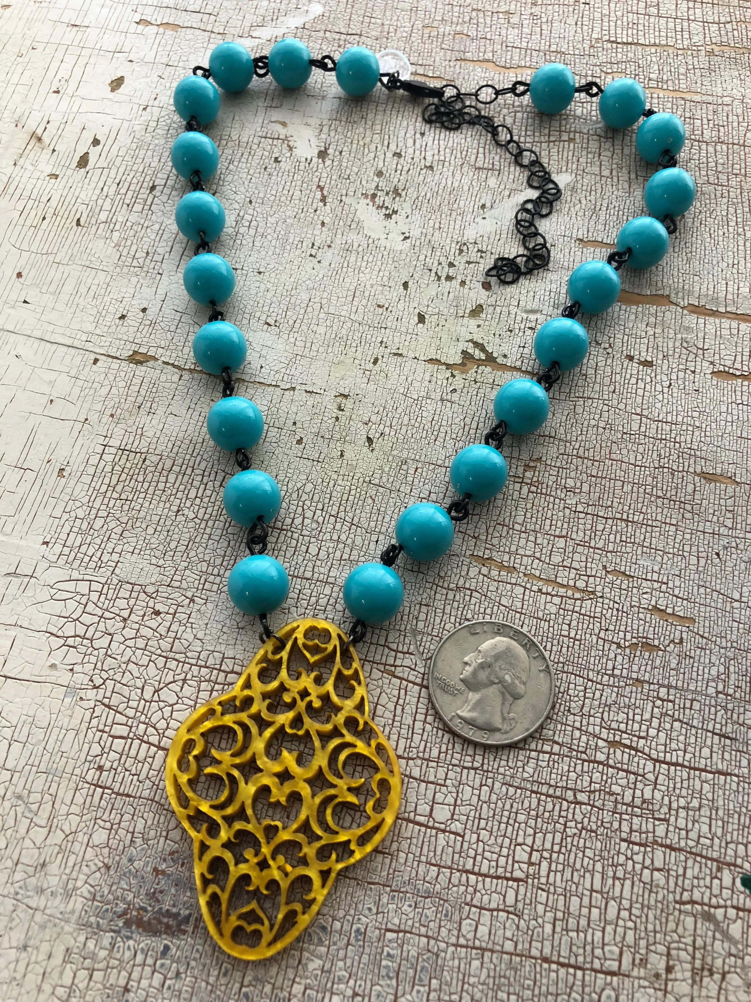 Turquoise & Golden Yellow Boho Lace Beaded Aleta Necklace