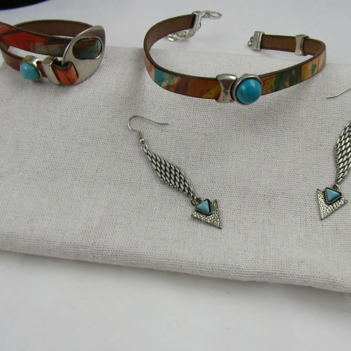 Turquoise Leather Ribbon Choker & Bracelet & Earrings Jewelry Set