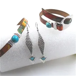 Turquoise Leather Ribbon Choker & Bracelet & Earrings Jewelry Set