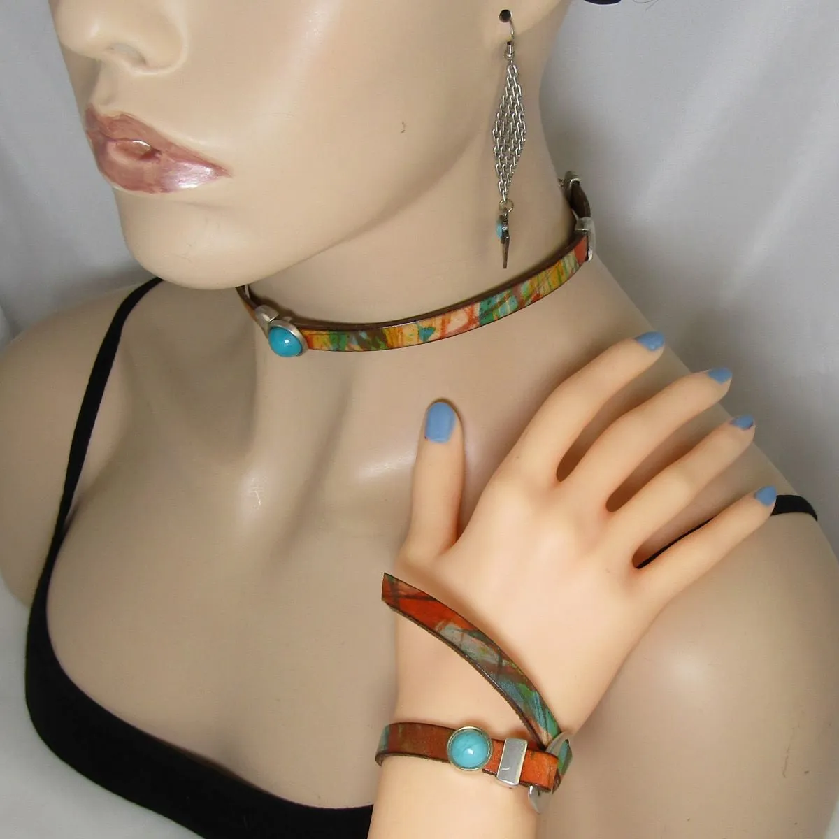 Turquoise Leather Ribbon Choker & Bracelet & Earrings Jewelry Set