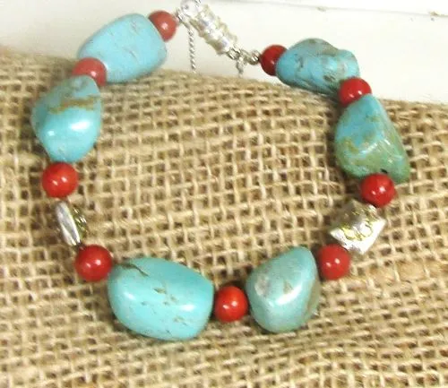 Turquoise Nugget and Red Bead Bracelet