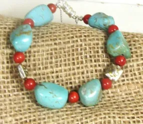 Turquoise Nugget and Red Bead Bracelet