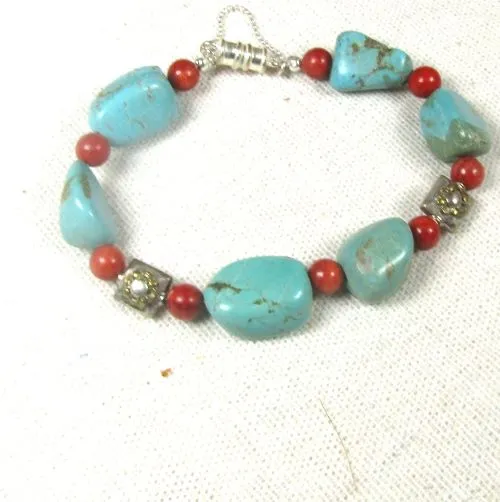 Turquoise Nugget and Red Bead Bracelet