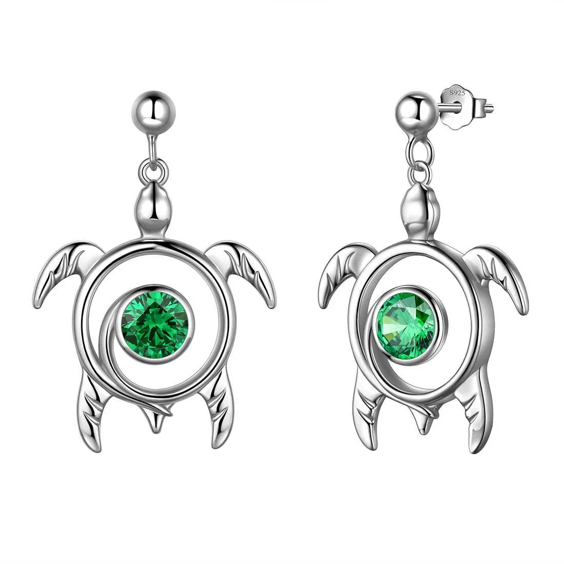 Turtle Birthstone May Emerald Earrings Dangle Women Girls Jewelry Birthday Gift Sterling Silver