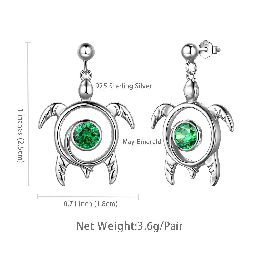 Turtle Birthstone May Emerald Earrings Dangle Women Girls Jewelry Birthday Gift Sterling Silver