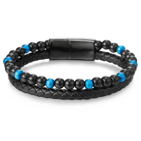 Two-row Black Blue Gem Stone Beads Chain Black Braided Leather Bracelet, Steel Magnetic Clasp