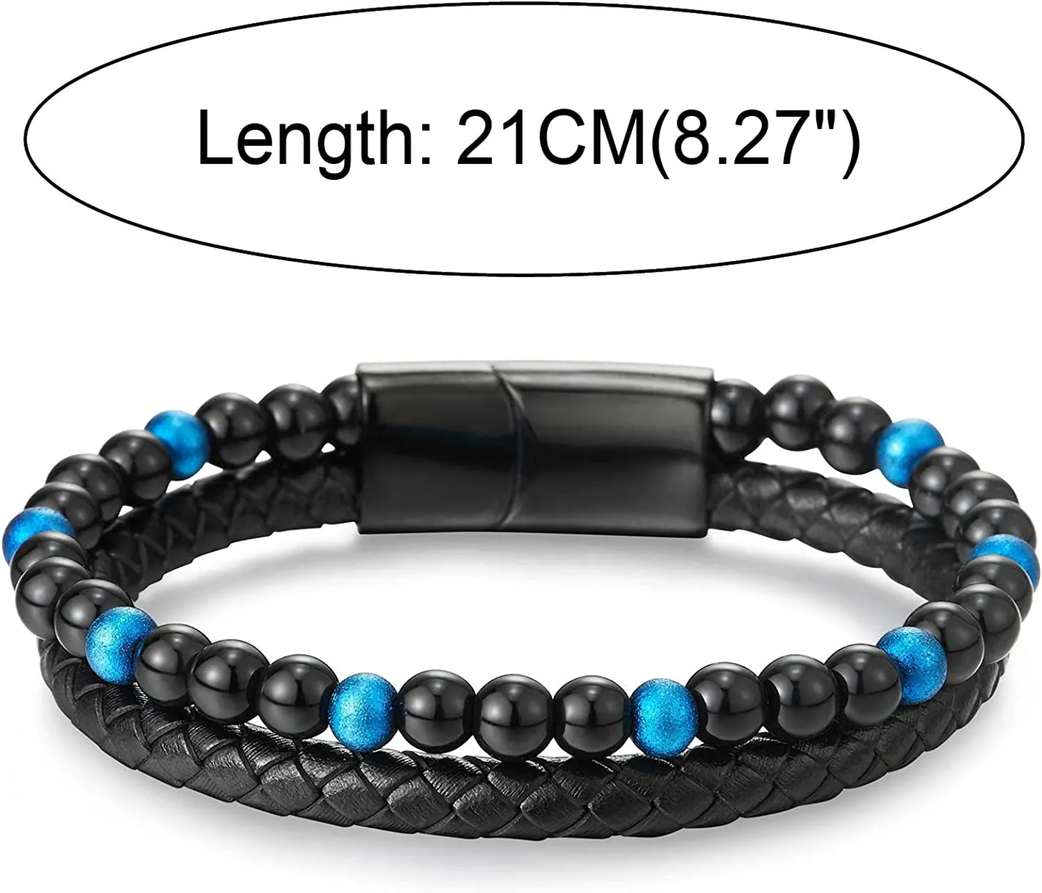 Two-row Black Blue Gem Stone Beads Chain Black Braided Leather Bracelet, Steel Magnetic Clasp